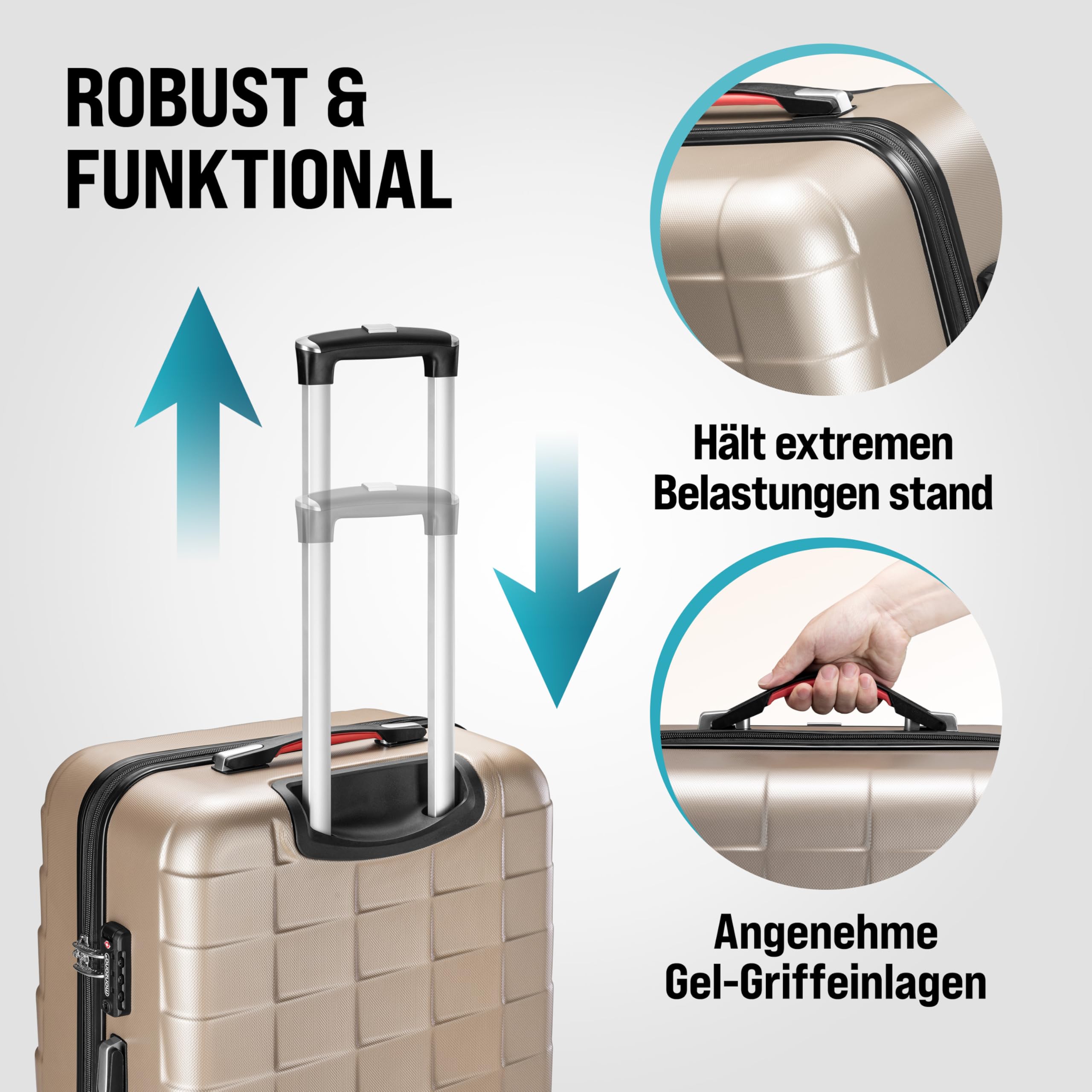 Monzana® 3tlg Kofferset TSA Schloss Organizer Kofferwaage Gel-Griffe Zwillingsrollen Standfüße Trolley Reisekoffer Hartschale Koffer M-L-XL Champagner