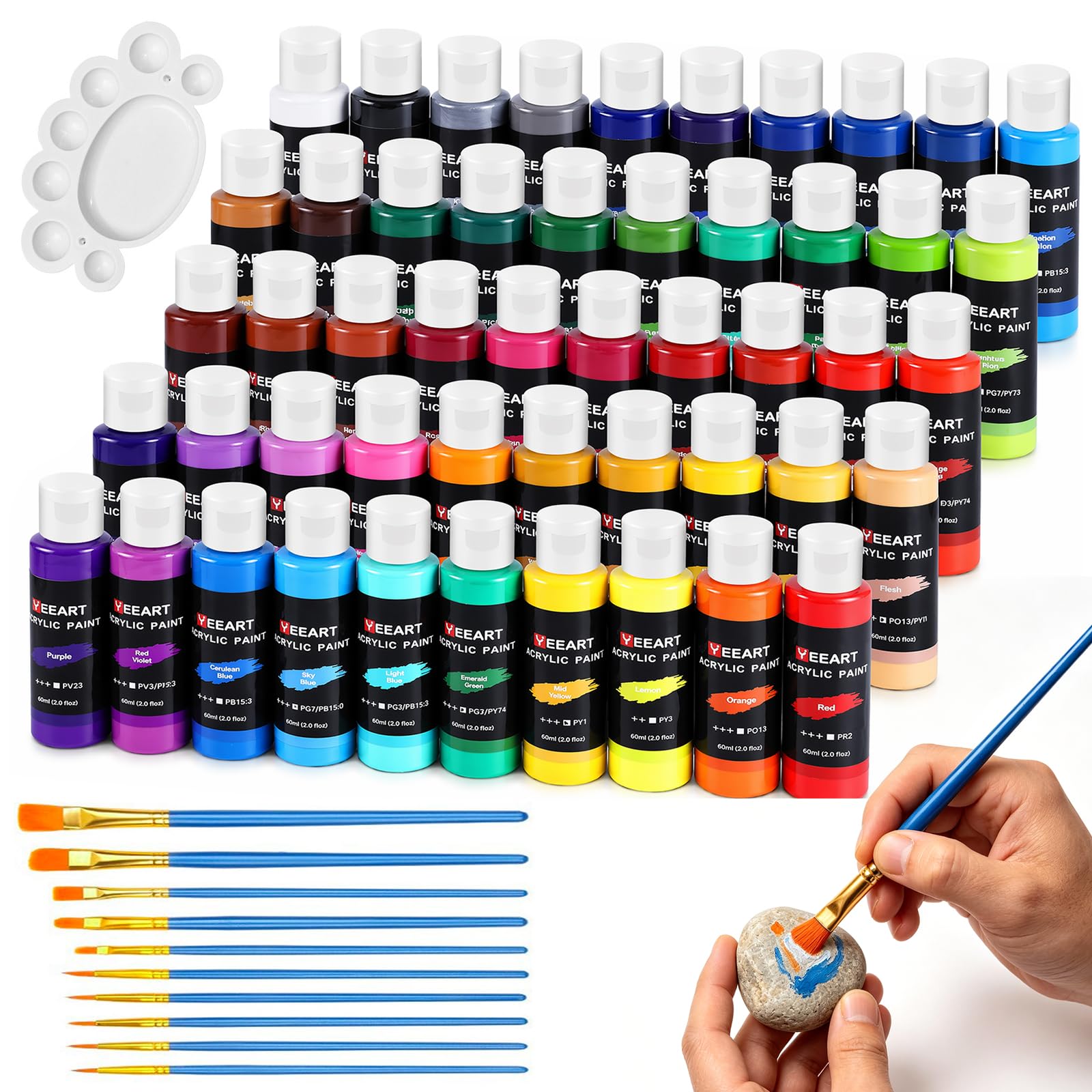 Juego de 50 pinturas acrílicas de 60 ml en botellas, de alta calidad, no tóxicas, resistentes al agua, juego de pinturas acrílicas con pinceles para artistas, estudiantes, adultos, para lienzo, madera