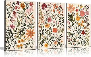 Set of 3 Boho Floral Botanical Canvas Wall Art Watercolor Wildflower Wall decor pictures flowers Paintings posters Prints for Living Room Bedroom Bathroom Home Decoration Framed(12inx16in canvas)