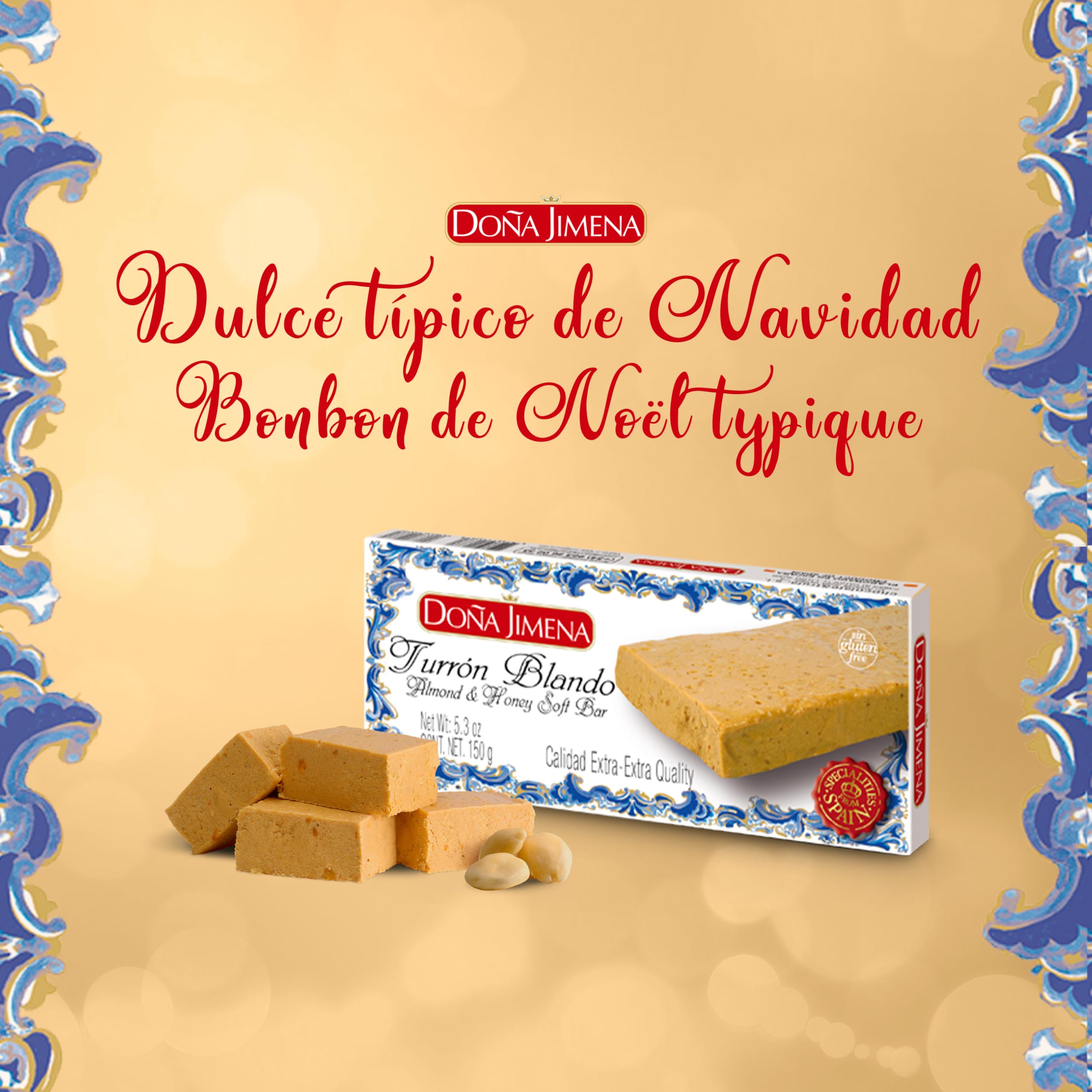 DOÑA JIMENA - Turrón Blando con Miel y Almendras, Textura Cremosa, Dulce Navideño de Receta Artesanal Calidad Extra, Turrón tradicional Sin Gluten 150 G