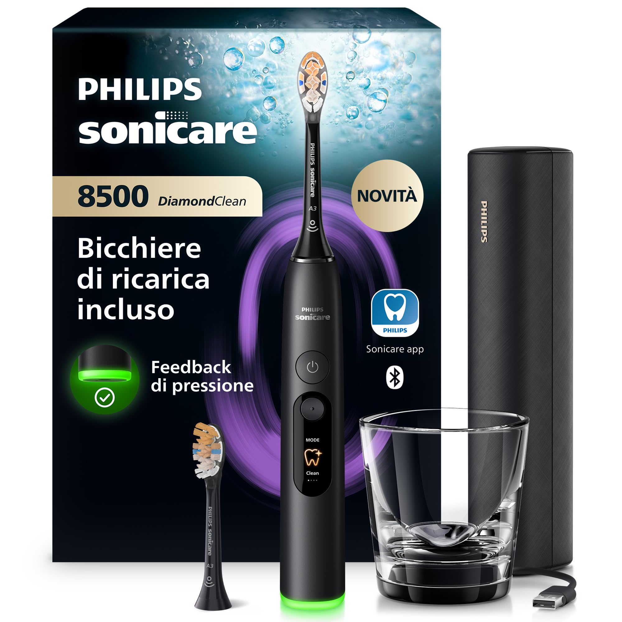 Philips Sonicare Next-Generation DiamondClean 8500 Spazzolino elettrico - con Feedback di pressione, 18 impostazioni, nero, HX8514/12