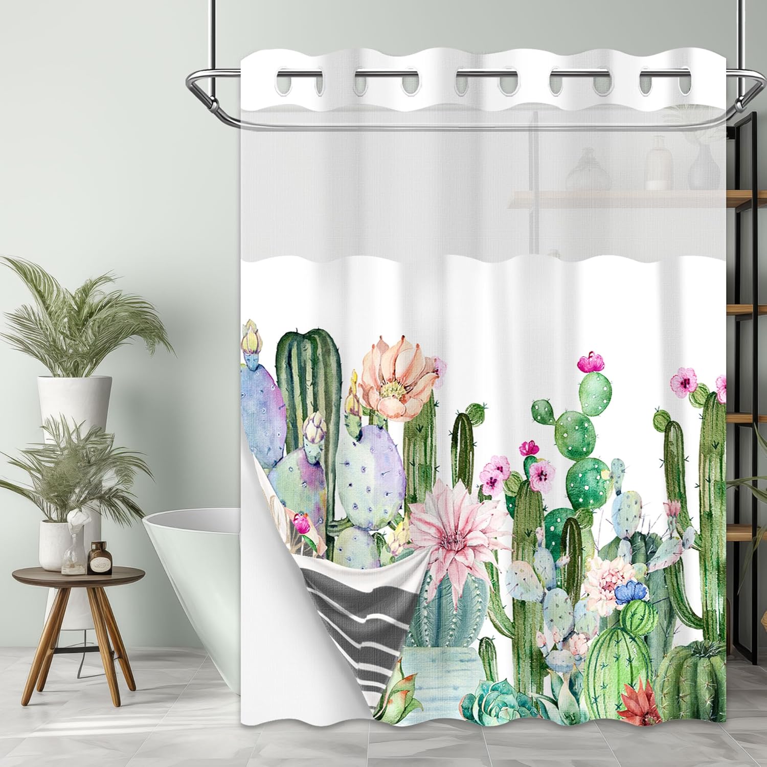 Cactus Hookless Shower Curtain with Snap in Liner, Ucculent Plant Desert Cacti No Hook Double Layer Shower Curtain and Liner Set, Ringless with Window Waterproof Cloth Fabric, 71"W x 80"L inch