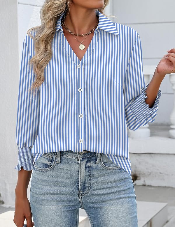AKEWEI Button Down Shirts for Women 3/4 Length Sleeve Collared Business Casual Blouses 2026 Summer Tops Blue Stripe XXL by AKEWEI - Used condition - Image 5
