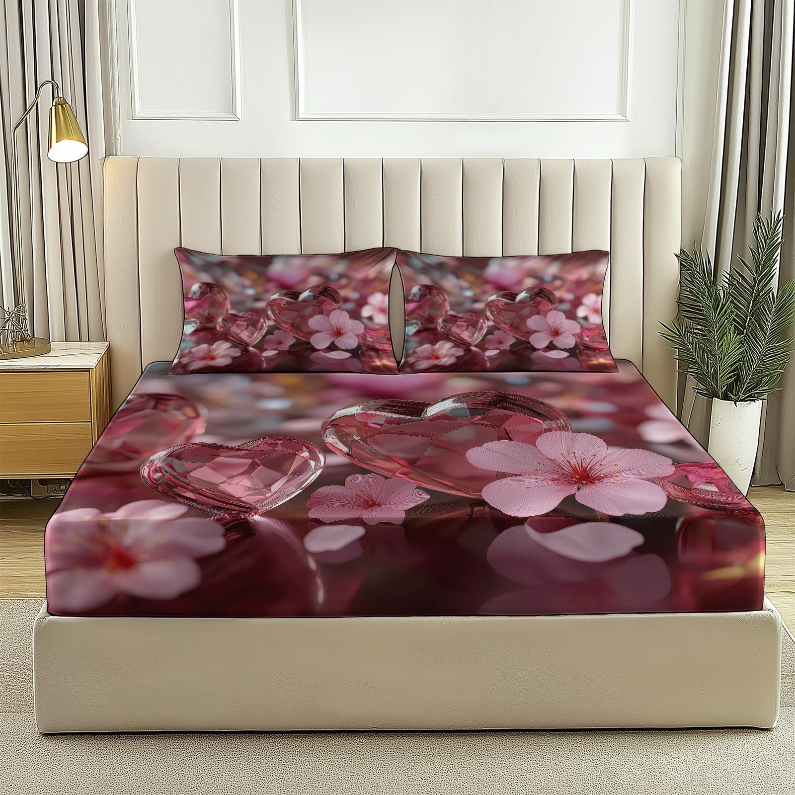 Lenzuolo con Angoli180 x 200 + 30 cm, Stampa 3D Forma Di Cuore Floreale per Bambini Ragazzi Adolescenti Adulti - Lenzuolo con Angoli in Morbida Microfibra Rosso