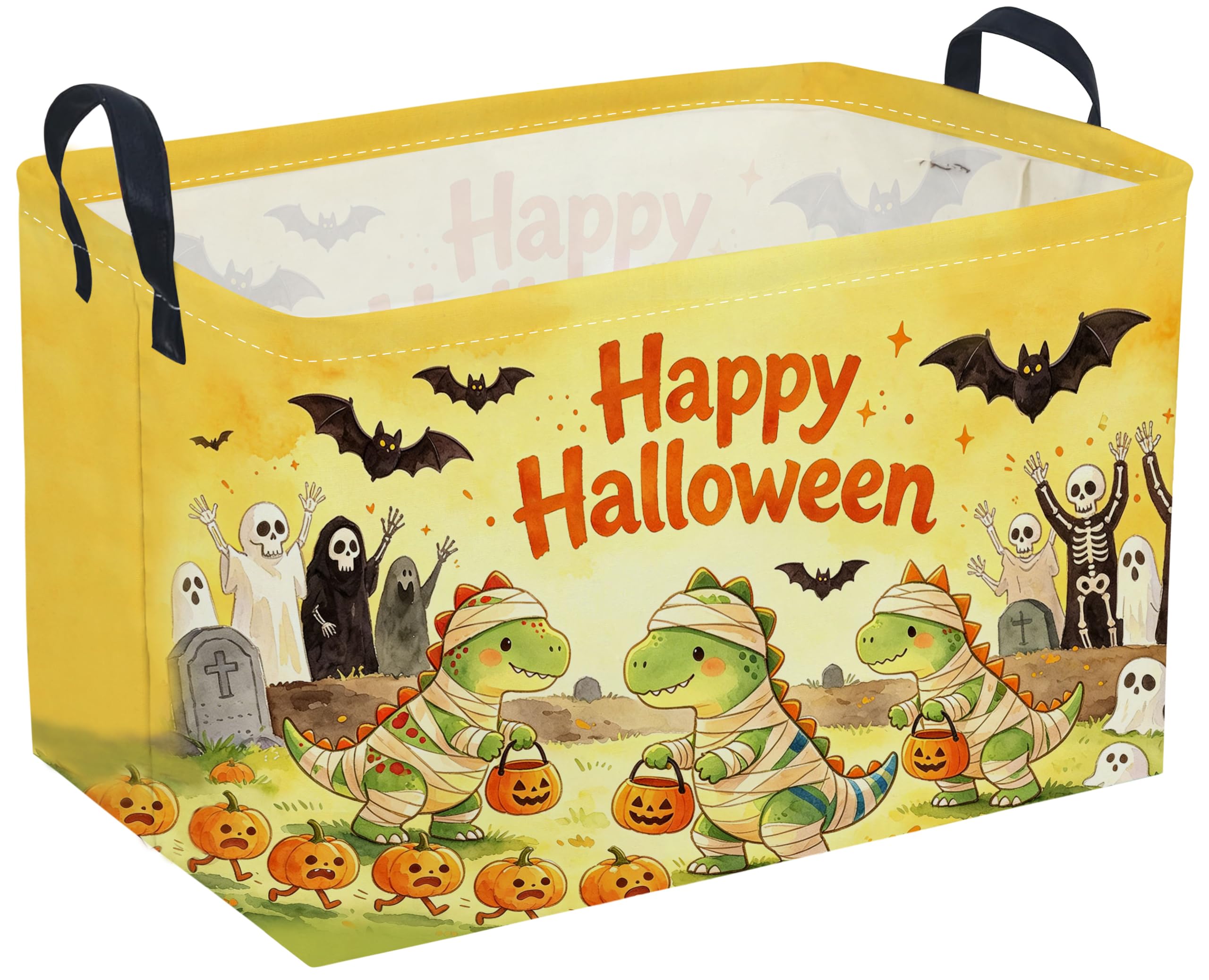 Sanjiaofeng Rectangular Cute Dinosaur Halloween Baskets,Waterproof Foldable Dinosaurs Basket with Handles,Nursery Hamper,Home Organizer,Books Box,Gift Baskets(Belted Dinosaur)