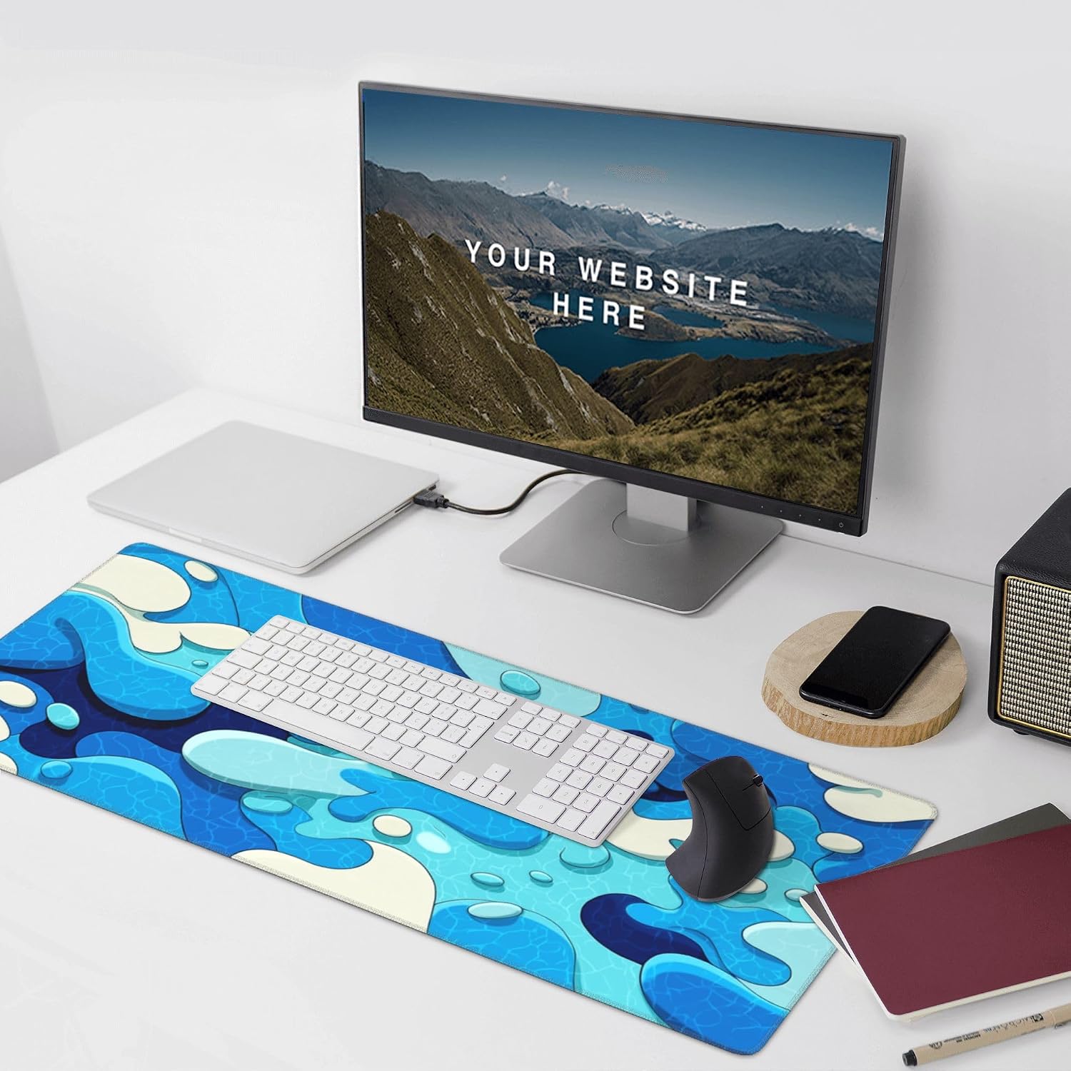Extended Gaming Mouse Pad, Blue Wave Pattern Design, 35.4 x 15.7 Inches, Anti-Slip Rubber Base, Stitched Edges, Rectangular Desk Mat for Gaming and Office image 2