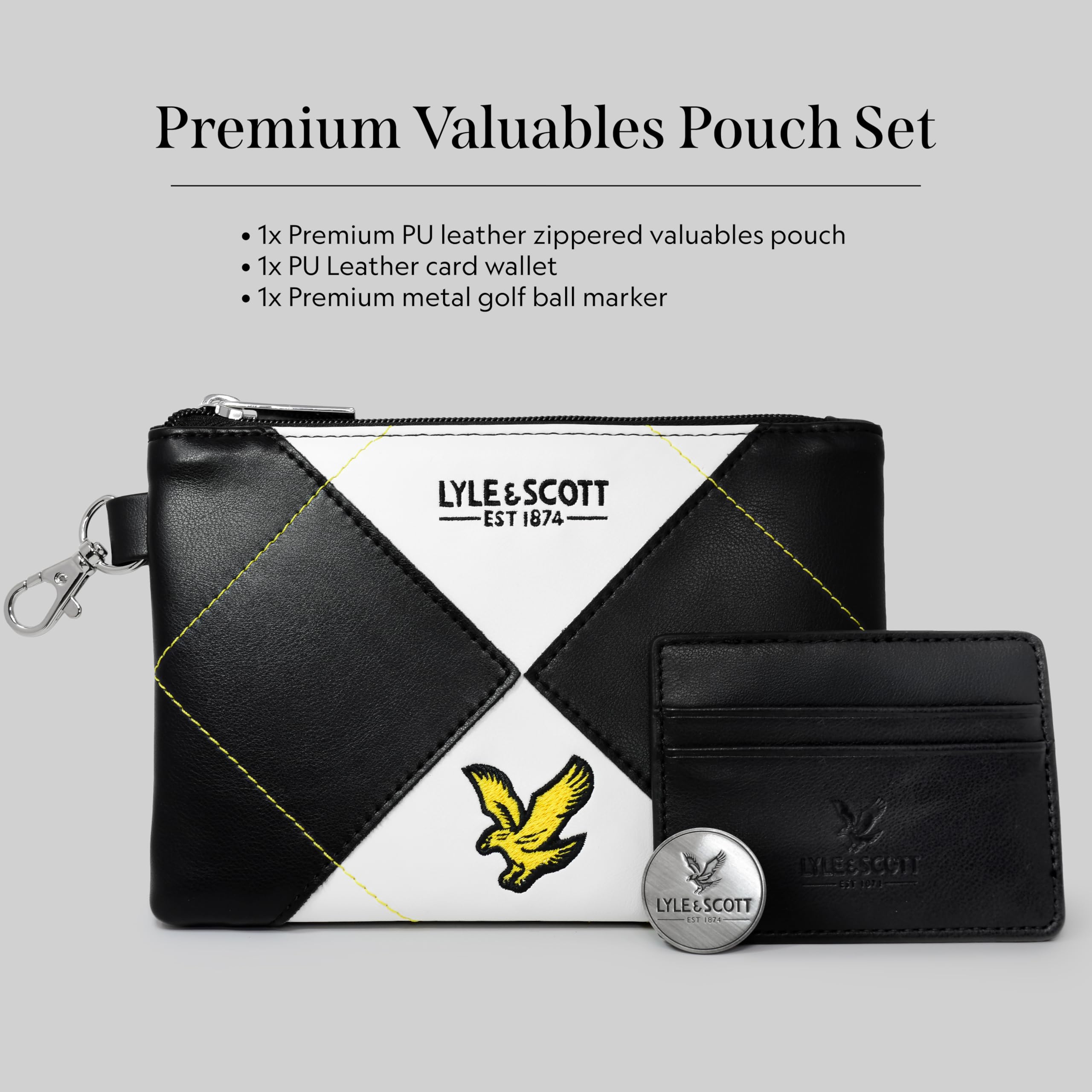Lyle & Scott Argyle Premium Valuables Pouch - Pitch Perfect Golf Gifts for Men - Lussuosa pelle con cerniera con fodera in velluto, portafoglio per carte, marcatore per palline da 32 mm - Accessori da