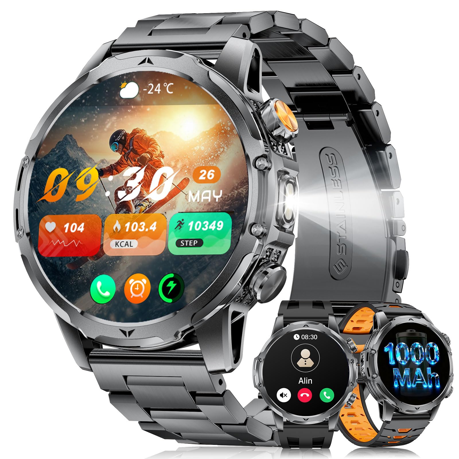 Orologio Smartwatch Uomo con Chiamata e Risposta, Torcia/1000mAh Batteria, 1.53'' HD Militare Smartwatch Uomo, 120+ Modalità Sportive, SpO2, Sonno Cardiofrequenzimetro per Android iOS