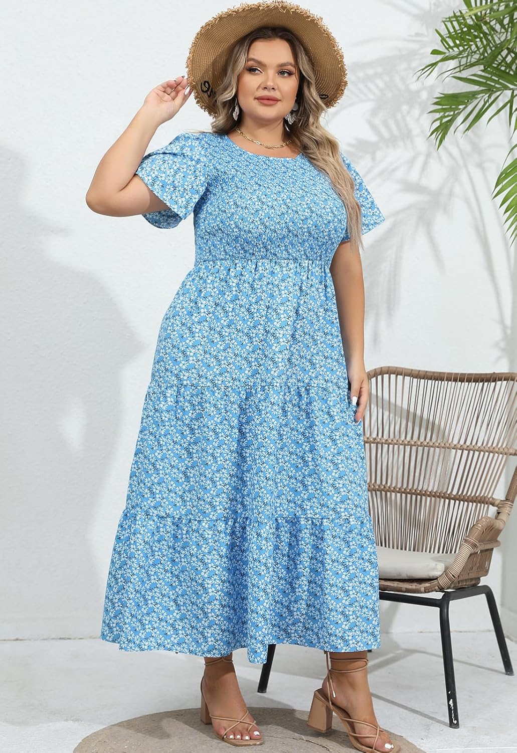 Womens Plus Size Long Maxi Dress with Pockets Floral Smocking Flutter Sleeves Tiered Layers Casual Dresses - Image 4