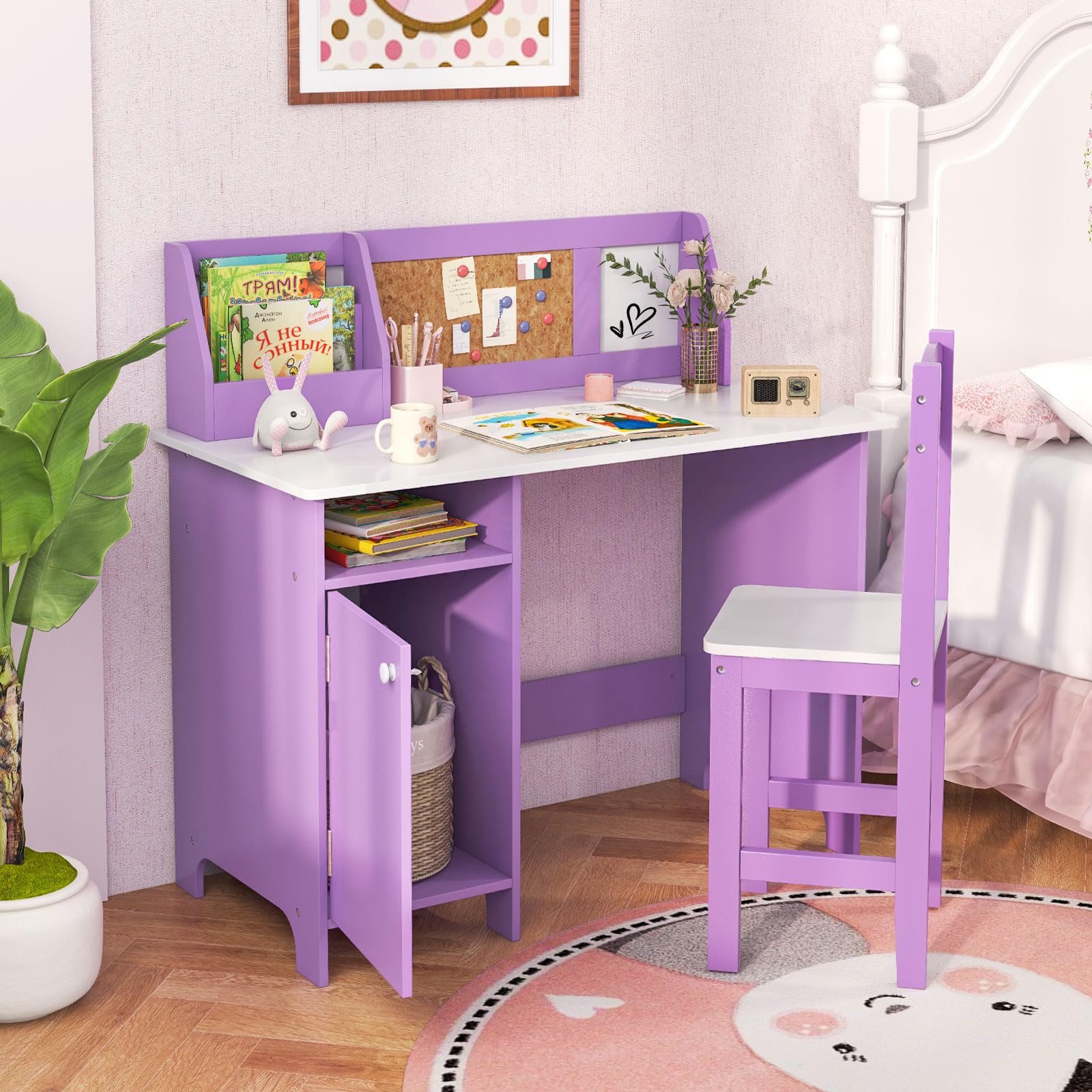 RELAX4LIFE Scrivania per Bambini con Sedia, Tavolo in Legno con Libreria, Armadietto, Pennarello, Bacheca e Lavagna, Postazione Computer per Studenti e Tavolo da Scrittura per 3+ Anni (Viola)