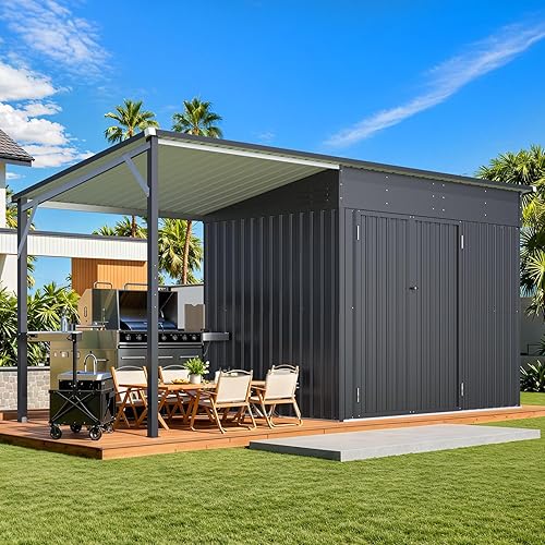 AECOJOY 14x6 Outdoor Open-Sided Metal Storage Shed, 8' x 6' Sheds & Outdoor Storage with 48 Sq. Ft Covered, 6x8 Small 2-in-1 Tool Shed with Attached Hardtop Metal Pergola Gazebo for Patio