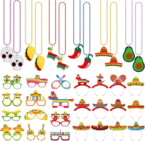 36 piezas de decoraciones de fiesta mexicana incluyen 12 sombreros de sombrero, 12 lentes, 12 collares de cuentas del Cinco de Mayo, suministros de
