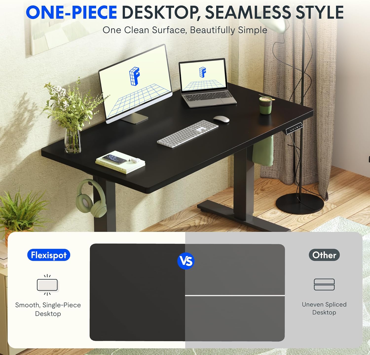 Close-up of a FlexiSpot desk showing a smooth, one-piece desktop compared to a spliced desktop from another brand.