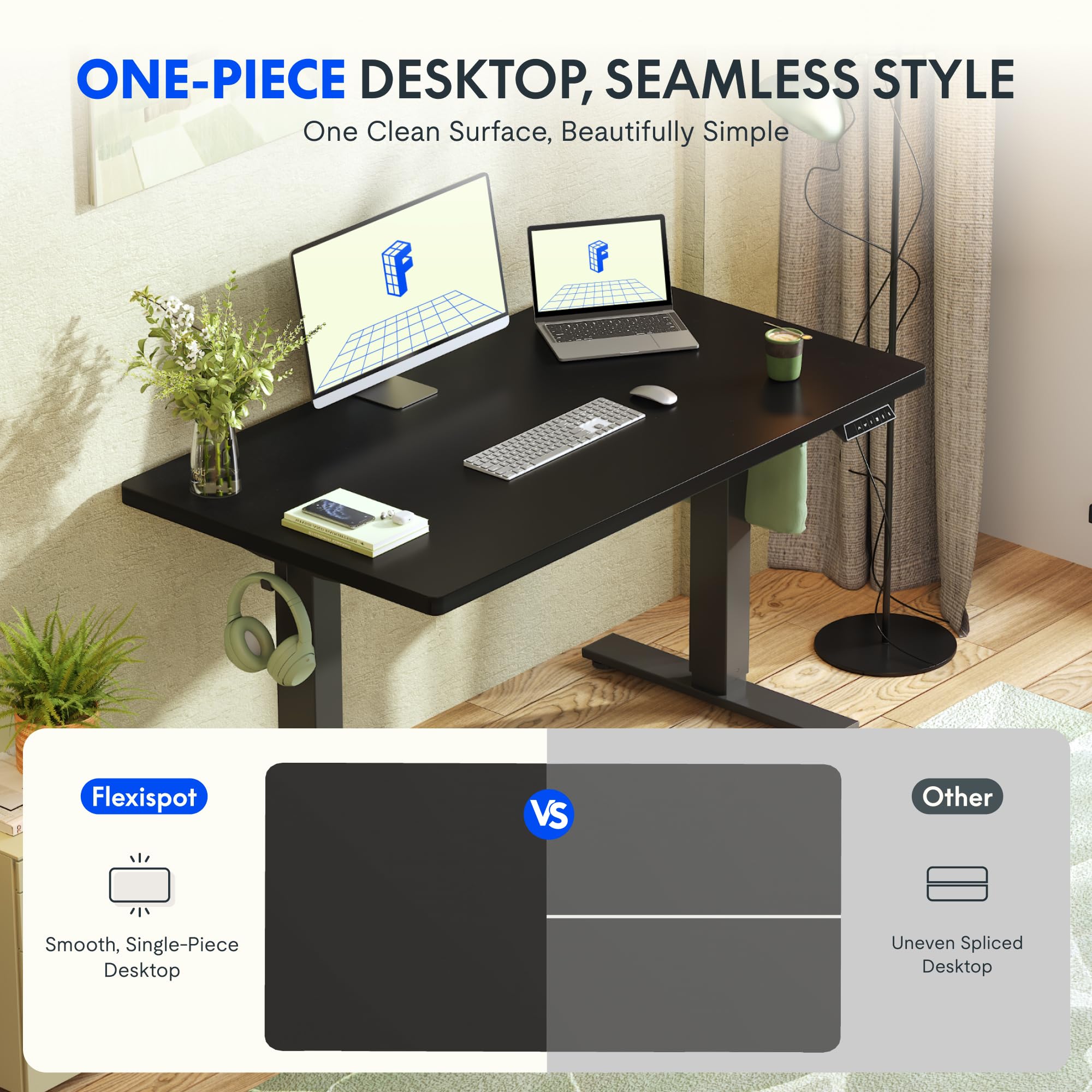 FLEXISPOT Scrivania regolabile in altezza, 160 x 80 cm, con gancio e piano 25 mm, scrivania ergonomica LED e memoria (nero, grigio)