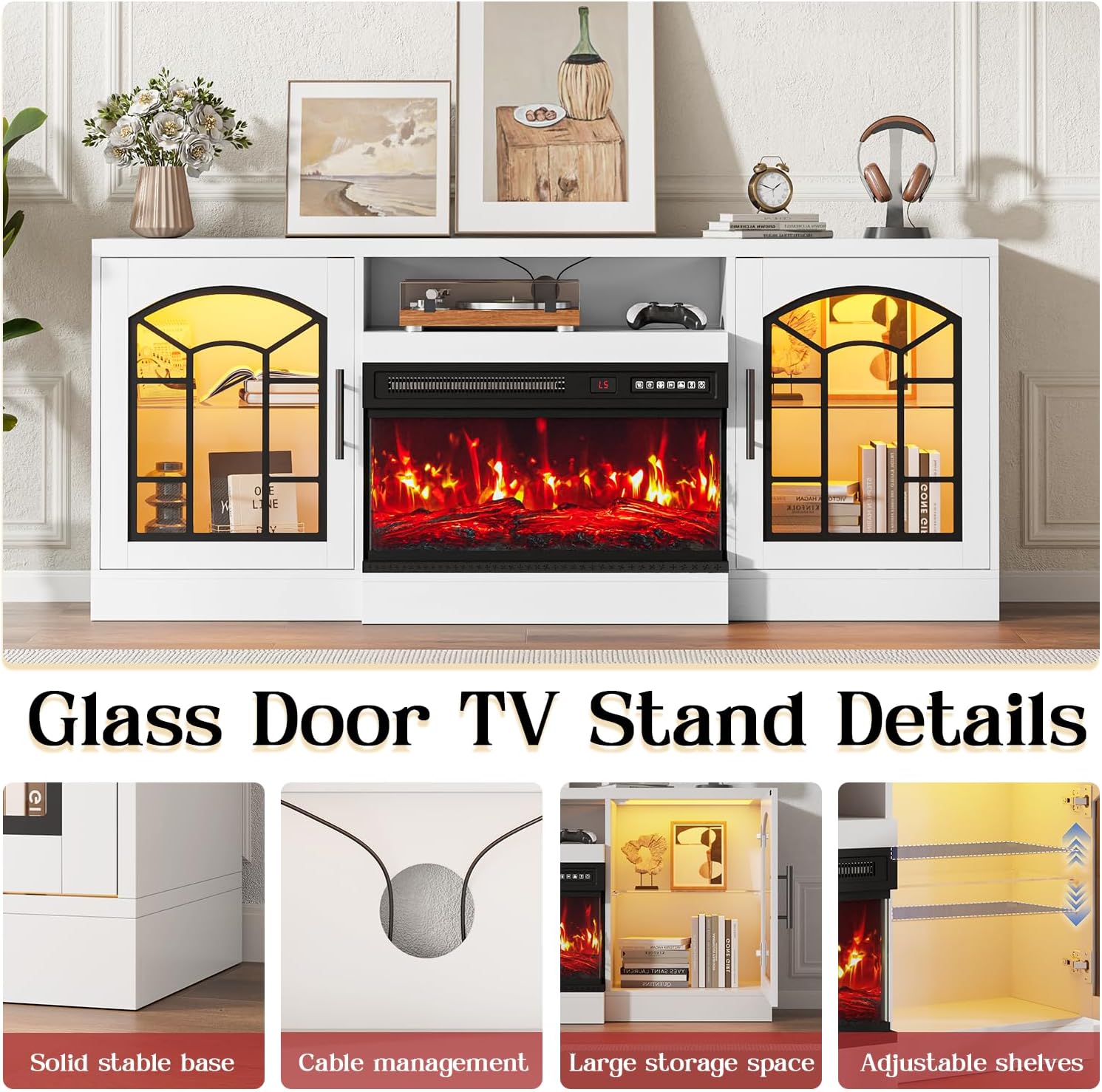 60" Fireplace TV Stand, TV Stand with 3-Sided Glass Electric Fireplace, White Entertainment Center Console with Storage Cabinets for TVs up to 70", 24" Fire Place Modern TV Stands for Living Room