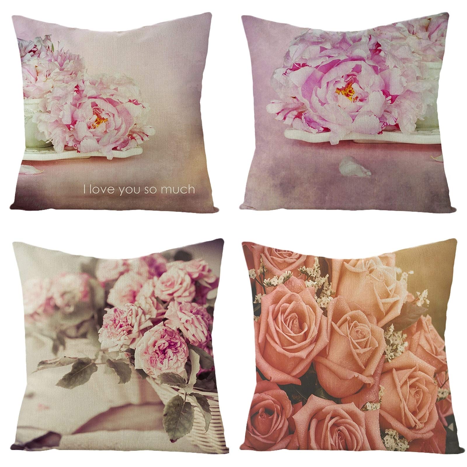 Taie d'oreiller 50x50cm KnSam en lin motif fleur rose multicolore pour coussin de salon