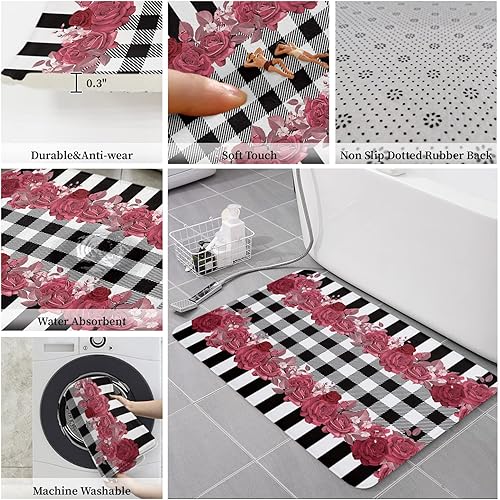 Miniatura 5 de Apular Fashion Doormats Valentines Day Purple Rose Black and White Stripe Lattice Non Slip Ultra Soft Bath Mat for Outdoor Indoor Entrance Floor Mat
