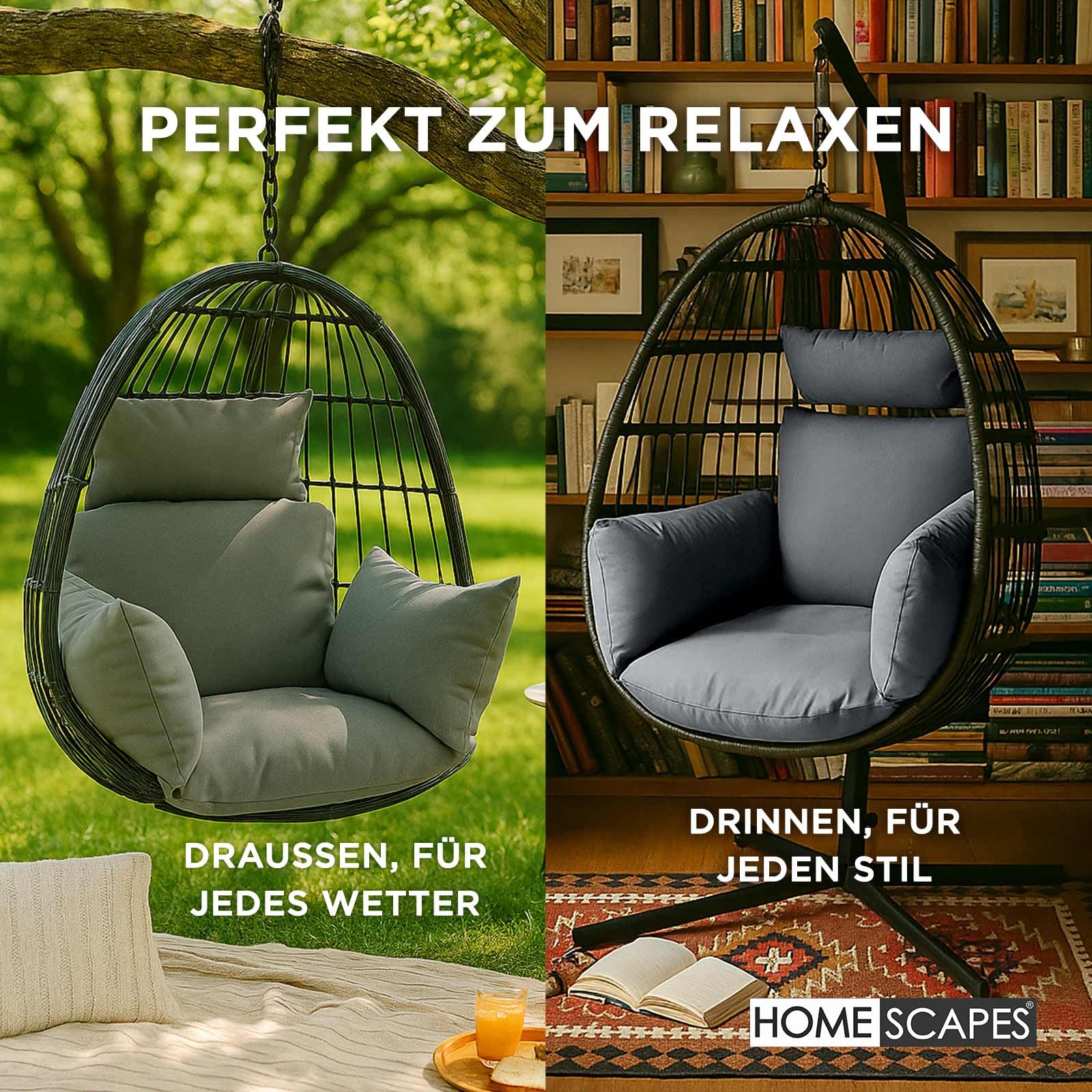 Homescapes Hängesessel-Kissen Outdoor grau mit Kopfstütze, Polster-Auflage für Hängeschaukel, Hängekorb-Stuhl, 2-teilig mit Kopfteil und Bindebändern, weich & wetterfest