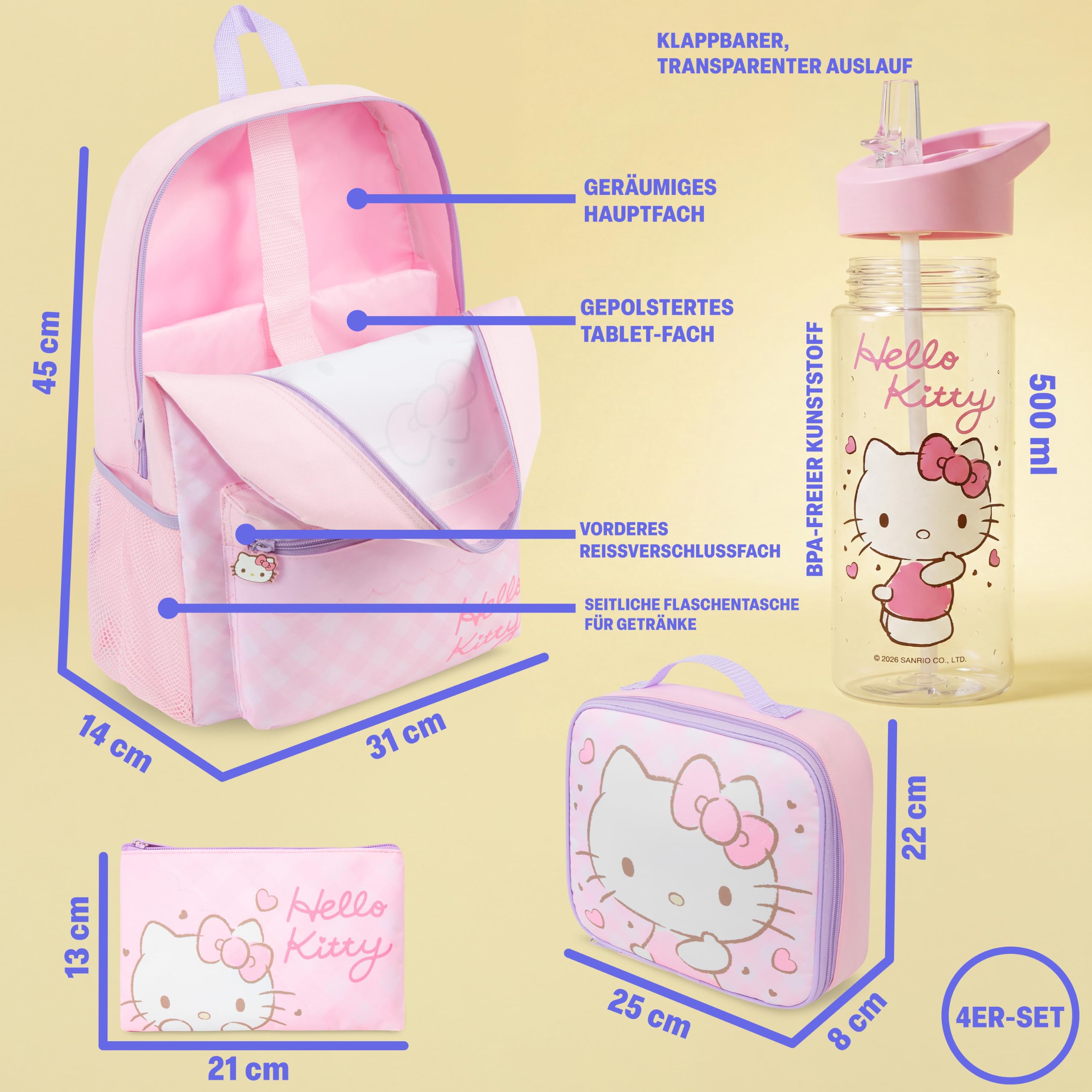 Get Trend Hello Kitty Sanrio Rucksack Kinder 4 TLG. Größer Kinderrucksack, Trinkflasche 500ml, Federmäppchen & Isolierte Lunchtasche, Geschenk für Kinder (Rosa Hello Kitty)