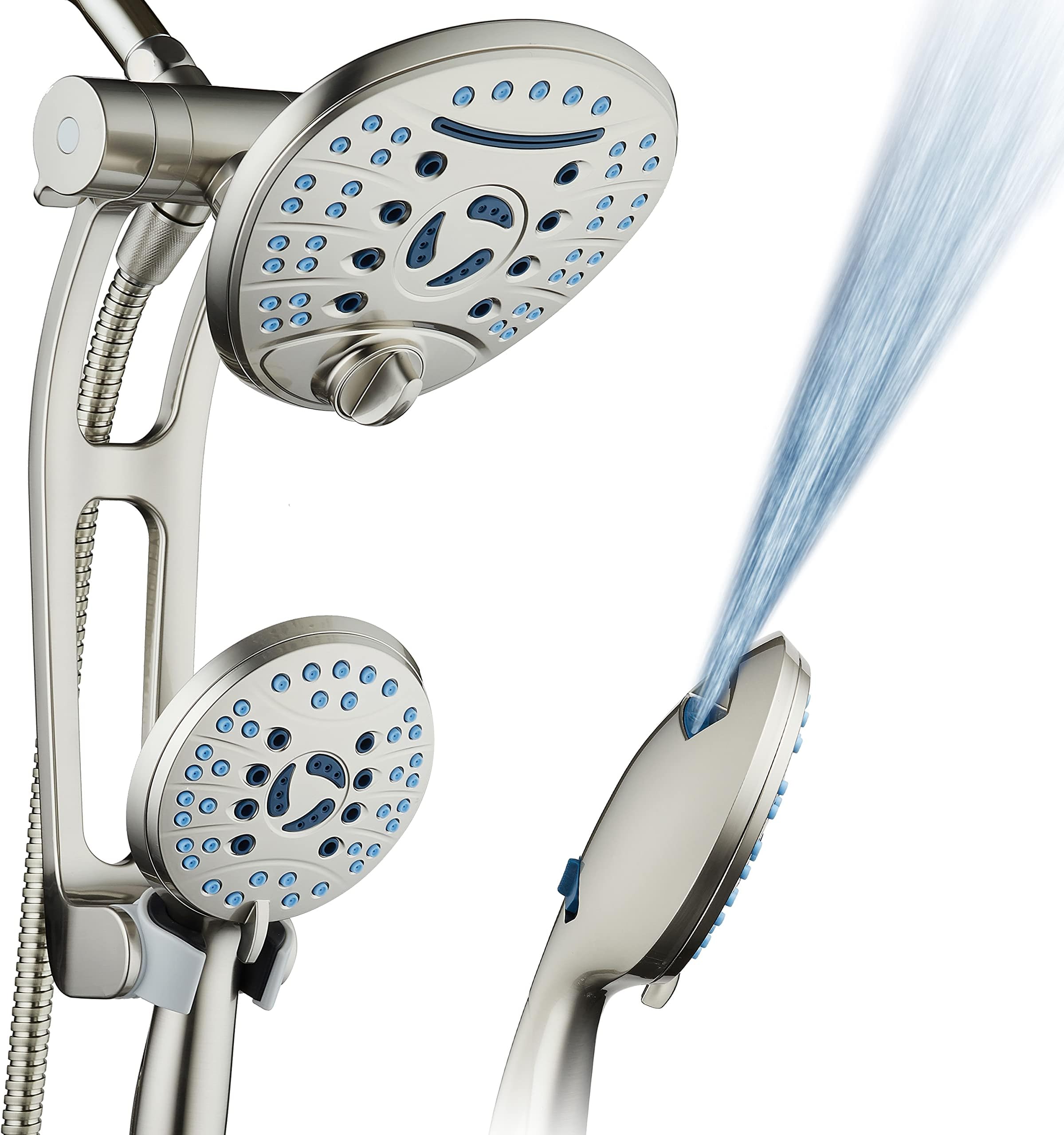 AquaCare As-Seen-On-TV High Pressure Handheld/Rain 80-mode 3-way Shower Head Combo with Adjustable Arm - Anti-clog Nozzles, Tub & Pet Power Wash, 6 ft. Stainless Steel Hose, Nickel Finish