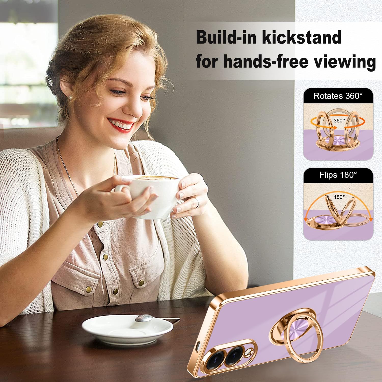 Dinick Designed for Samsung Galaxy S25 Edge Case with Ring Holder Soft TPU Gold Plated Anti-Scratch Slim Cover for Women Men Magnetic Stand for Samsung Galaxy S25 Edge Case Purple - Image 3