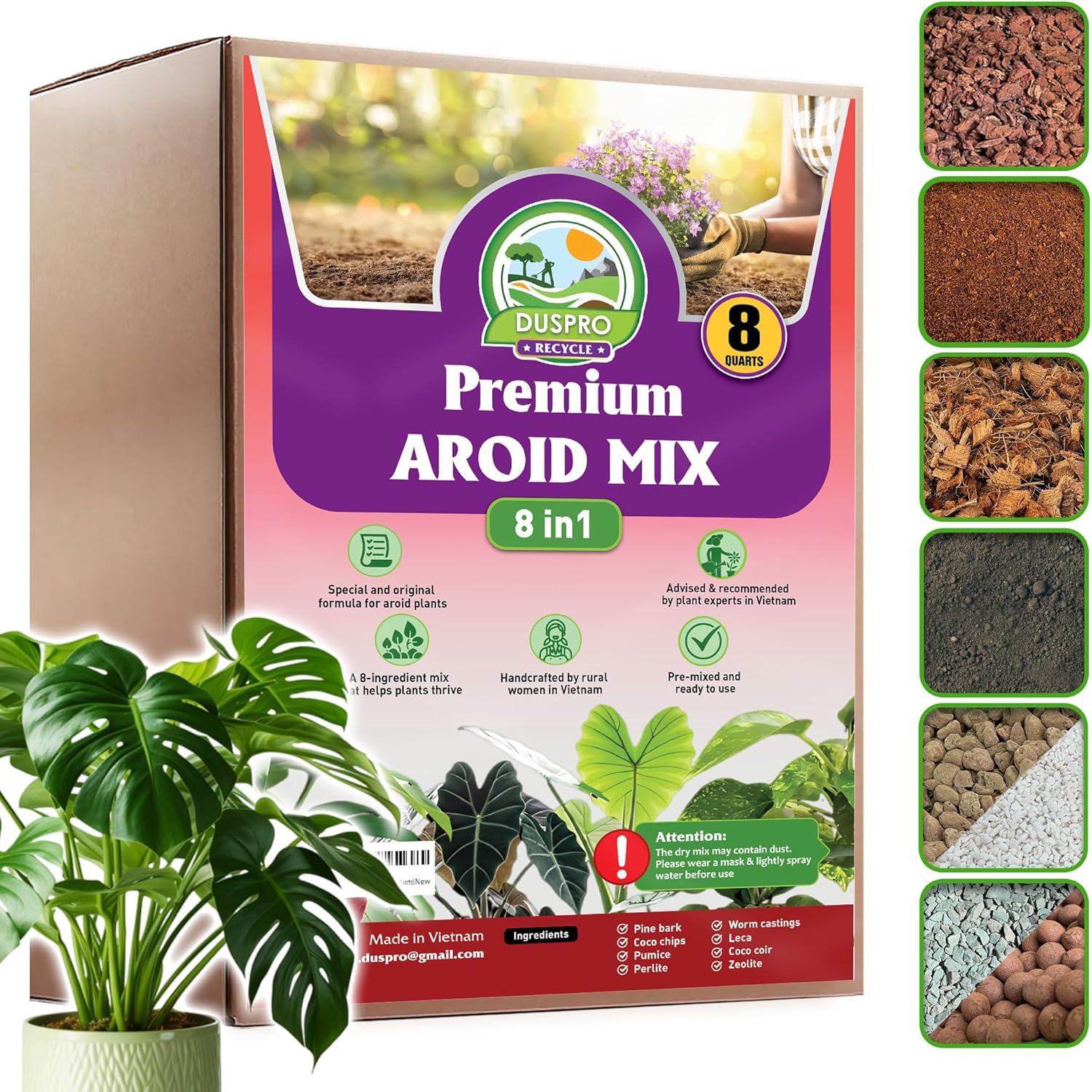 DUSPRO Recycle 8in1 Aroid Potting Mix Pre-Mixed Indoor Potting Soil for Aroid Plants, Chunky Soil Mix for Indoor Plants with Pine Bark,Pumice, Coir, Coco Chips, LECA,Perlite, Zeolite,Worm Castings 8QT