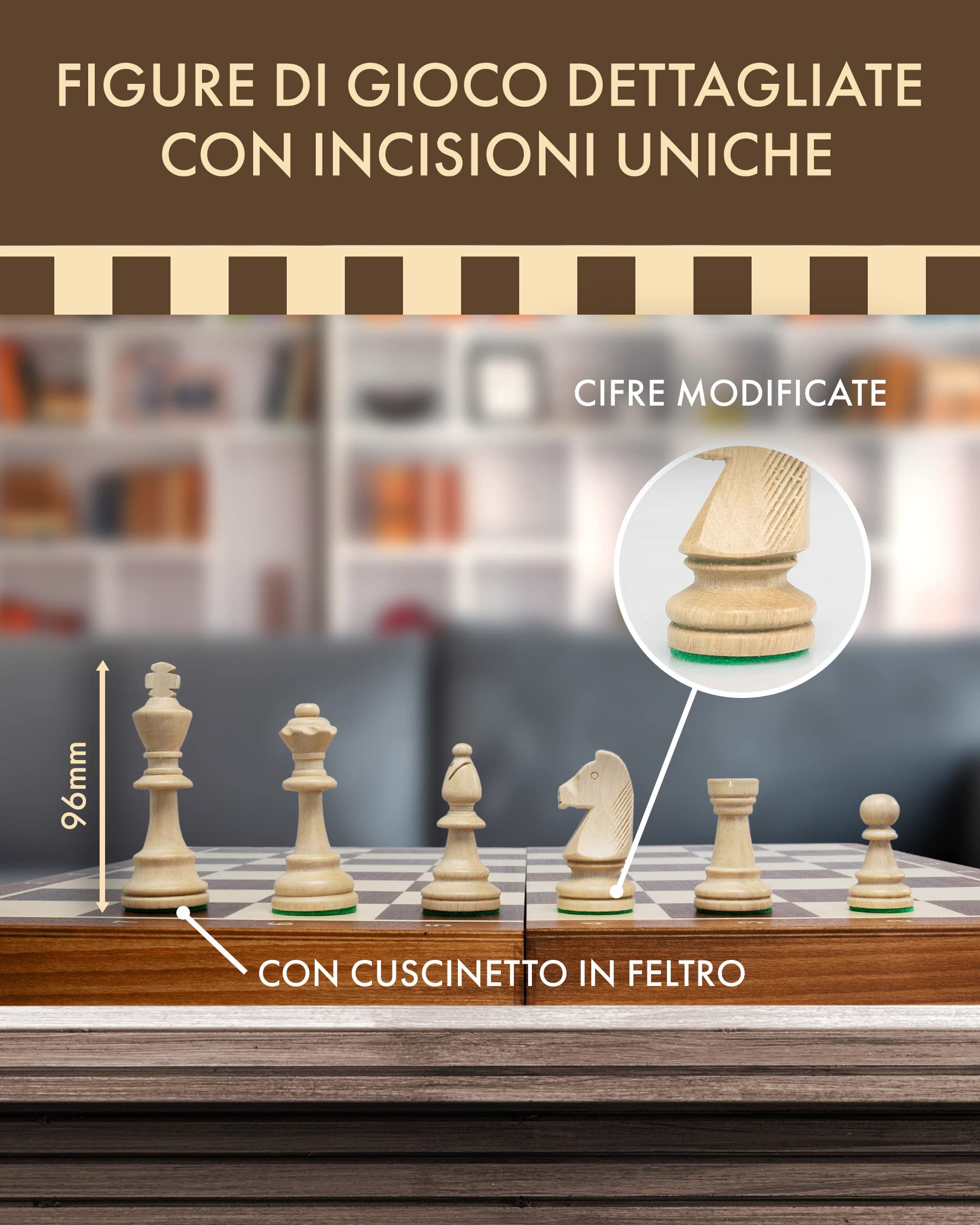 Set di scacchi 53 x 53 cm - Scacchiera di legno - Set da scacchi pieghevole - Lavorazione artigianale