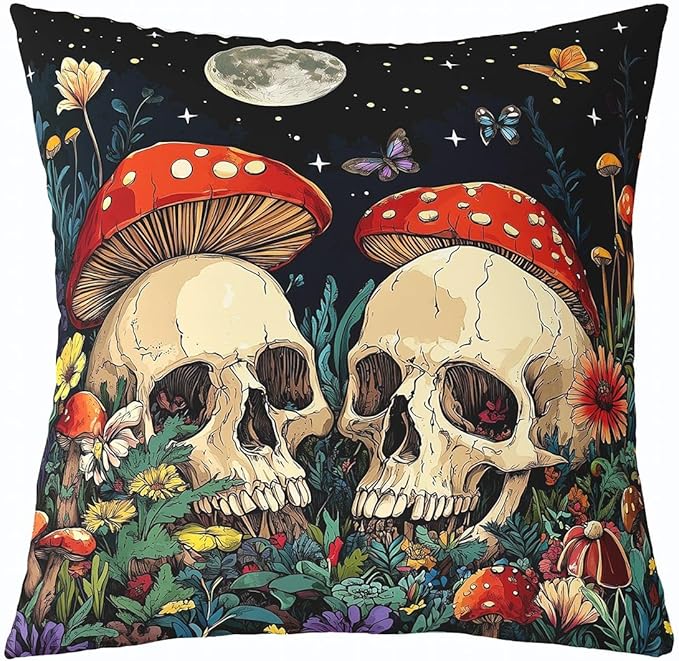 Erosebridal Sugar Skull Pillow Cover for Adults,Gothic Mushroom Throw Pillow Cover,Galaxy Glitter Butterfly Cushion Case,Hippie Fungus Wildlife Room Decor for Kids Boys Girls Teens,16x16 Inch