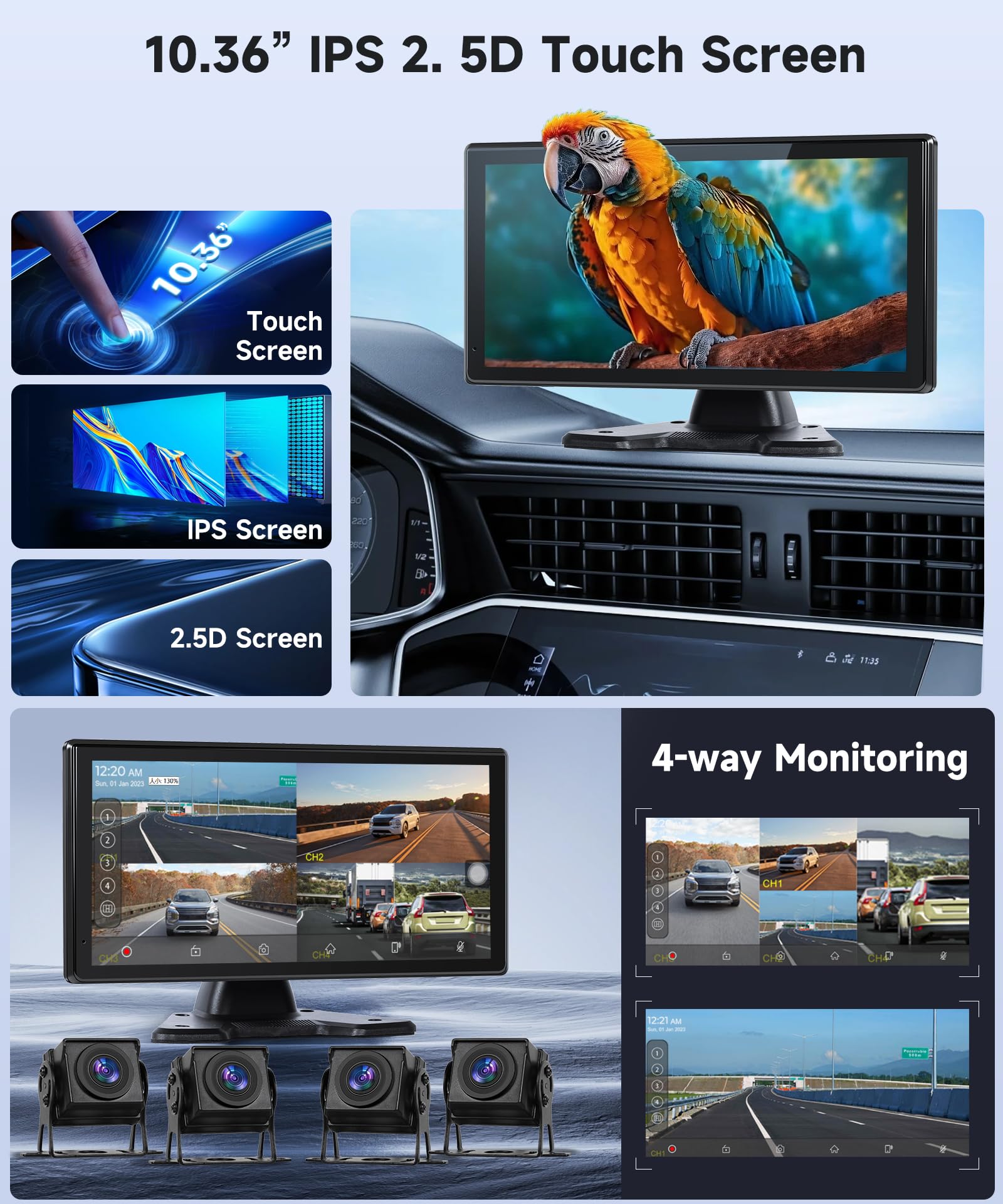 Rimoody 1080P Rückfahrkamera 4 Kameras Set mit Wireless Carplay Android Auto, 10.36 Zoll Monitor 4 Geteilte Bildschirm, Bluetooth/FM Sender/Loop Video/WiFi Video/Parkmonitor für LKW/Bus/Van/Wohnmobile