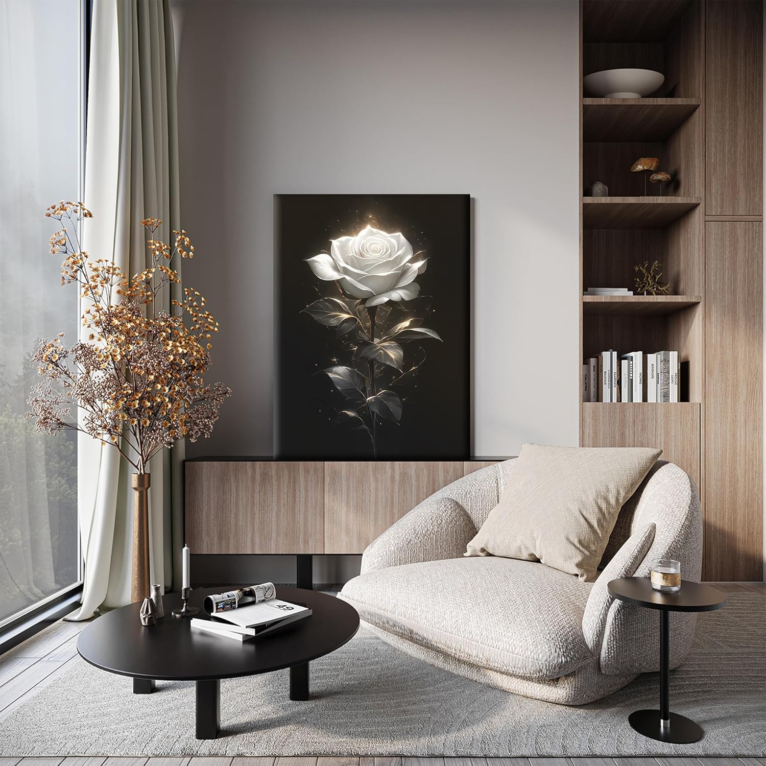 Framed White Rose Wall Art Vintage Floral Canvas Print Rustic Farmhouse Flower Wall Decor Botanical Artwork Gift for Her for Living Room Bedroom Bathroom