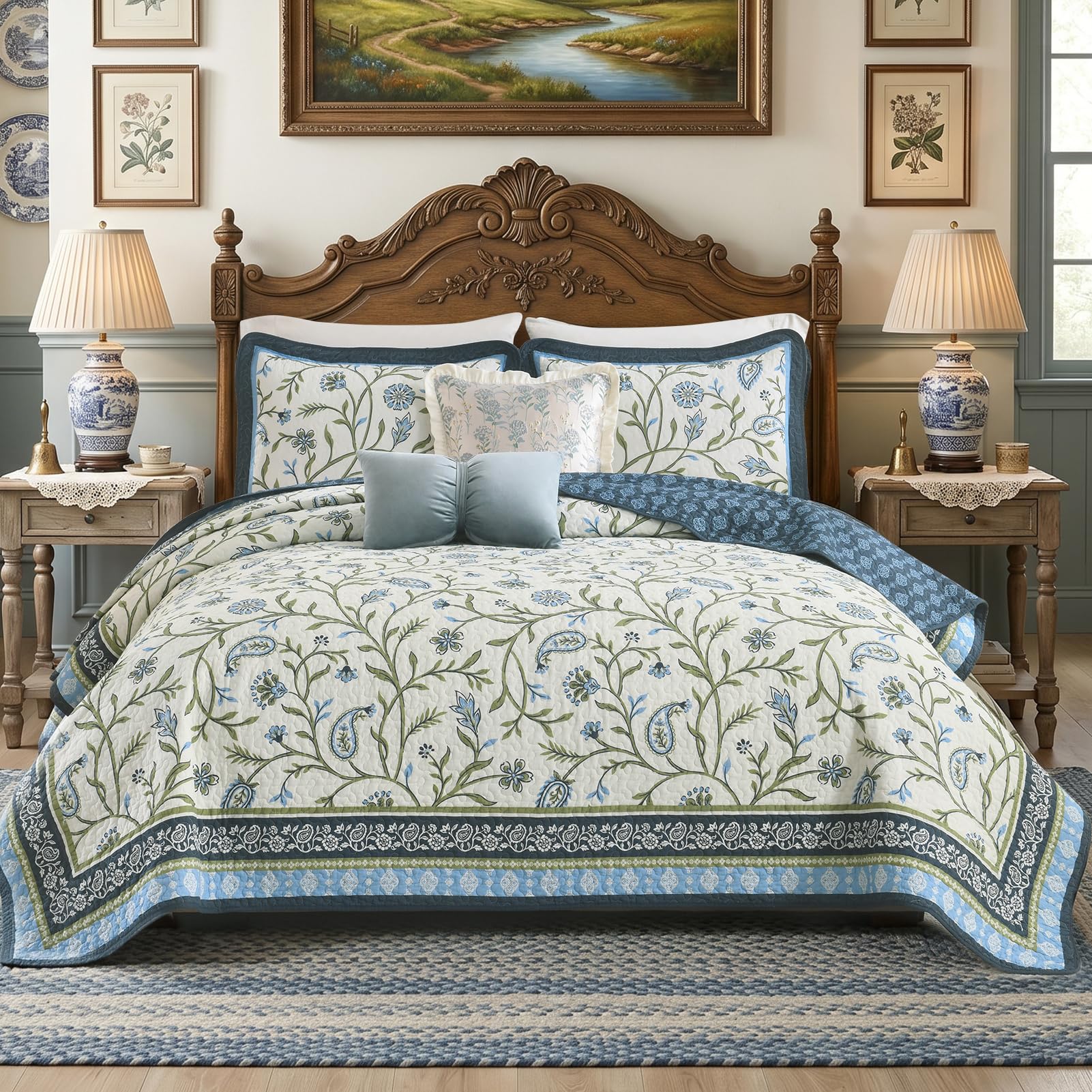 FineStichery 5 Piece Queen Quilt Set, 100% Cotton Vintage Floral Farmhouse Bedding with Pillow Shams, Quilted Bedspread Coverlet, Lightweight Thin Comforter, All Season, Blue/Green/Cream