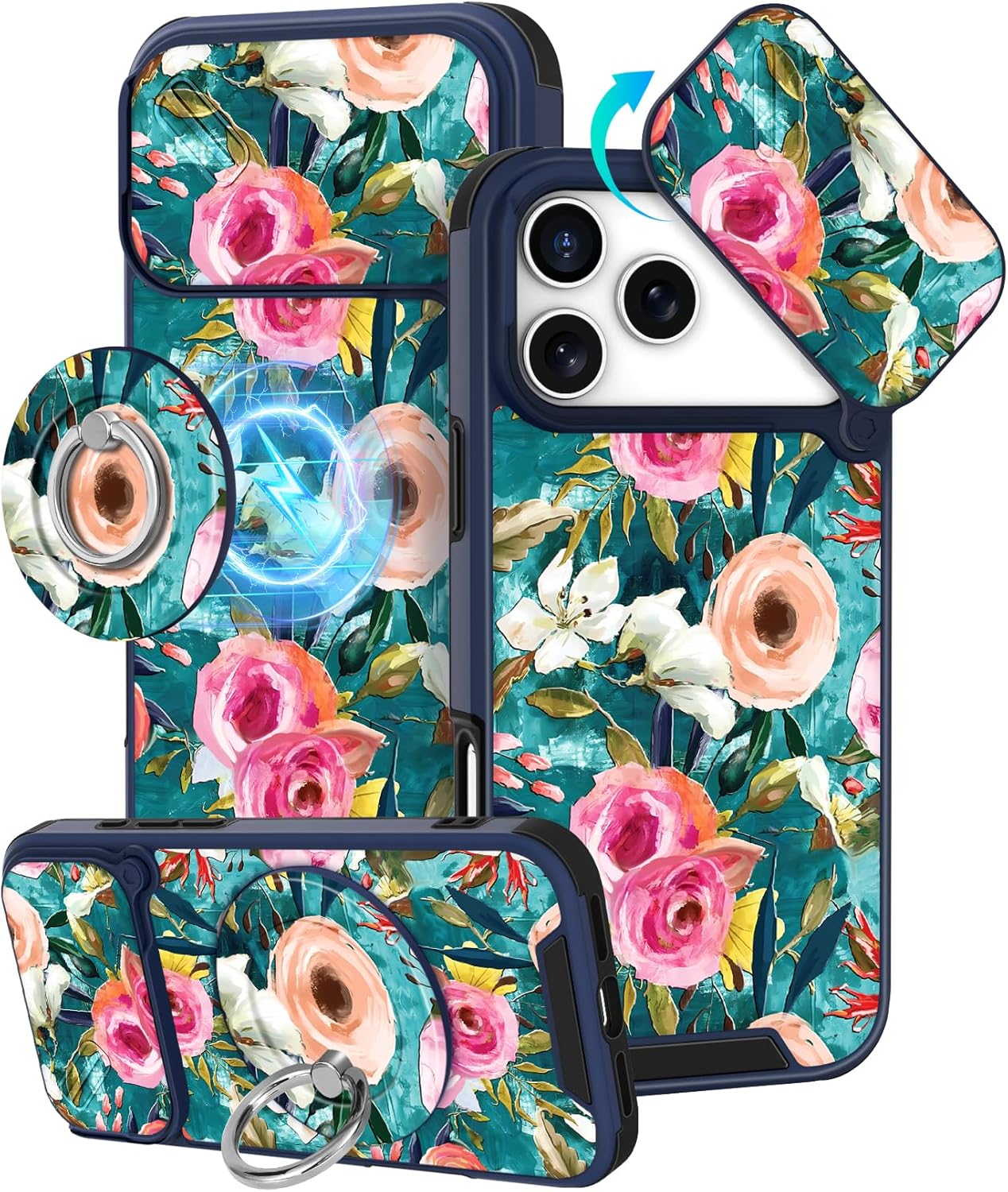 Buleens for iPhone 17 Pro Max Case 6.9 Inch - with Ring Stand & Camera Cover Aesthetic Cute Designed Women Girls Girly Pretty Flowers Kawaii Phone Case for iPhone 17 Pro Max Compatible with Magsafe