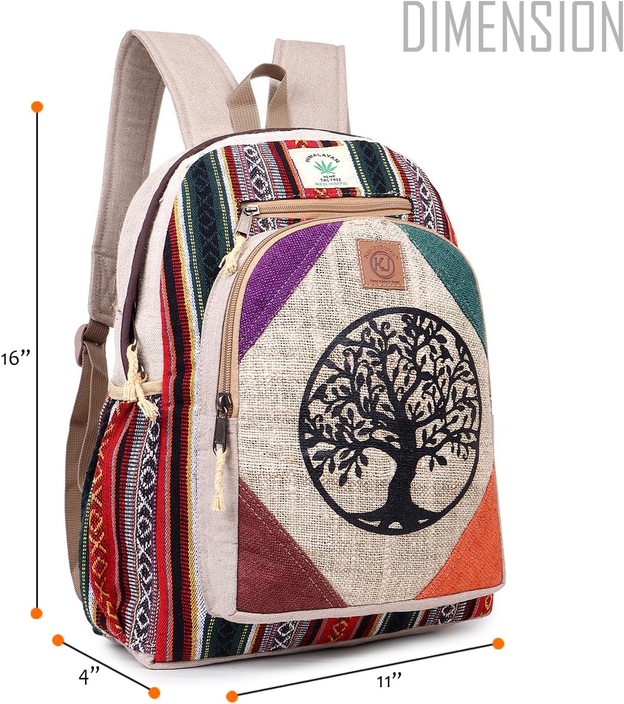 Natural Handmade Large Multi Pocket Hemp Nepal Backpack (Tree Of Life) - Image 7