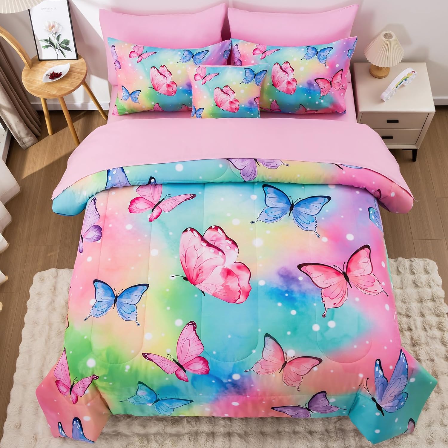 Butterfly Comforter Set Full Size 8 Piece Bed in A Bag Colorful Flowers Leaves Bedding Set for Kids Teens Super Soft All Season - Rainbow - Image 2