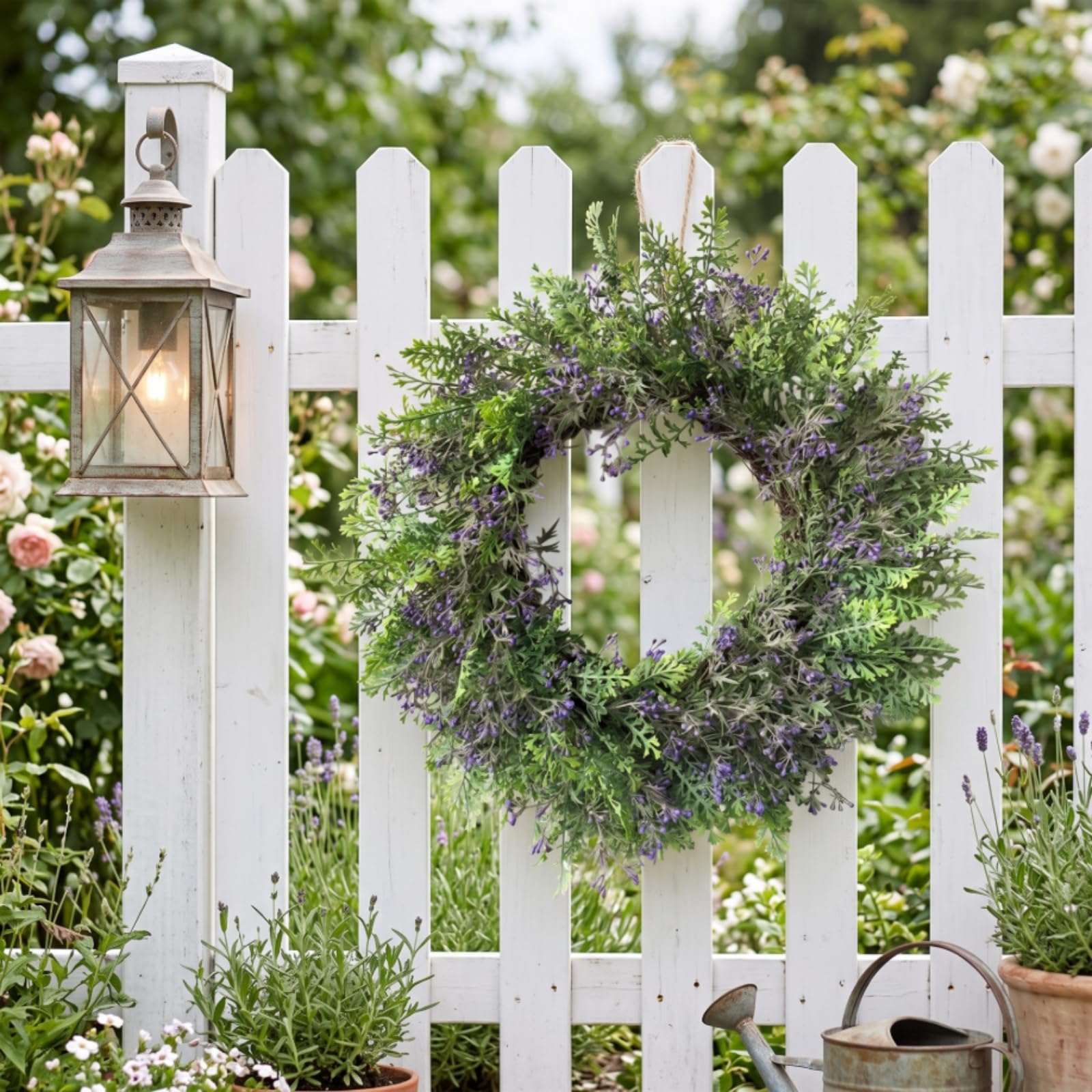 Gralara Ghirlanda di Lavanda Artificiale Realistico Ghirlanda di Finta Lavanda Primaverile Corona Floreale per Focolare, 50CM