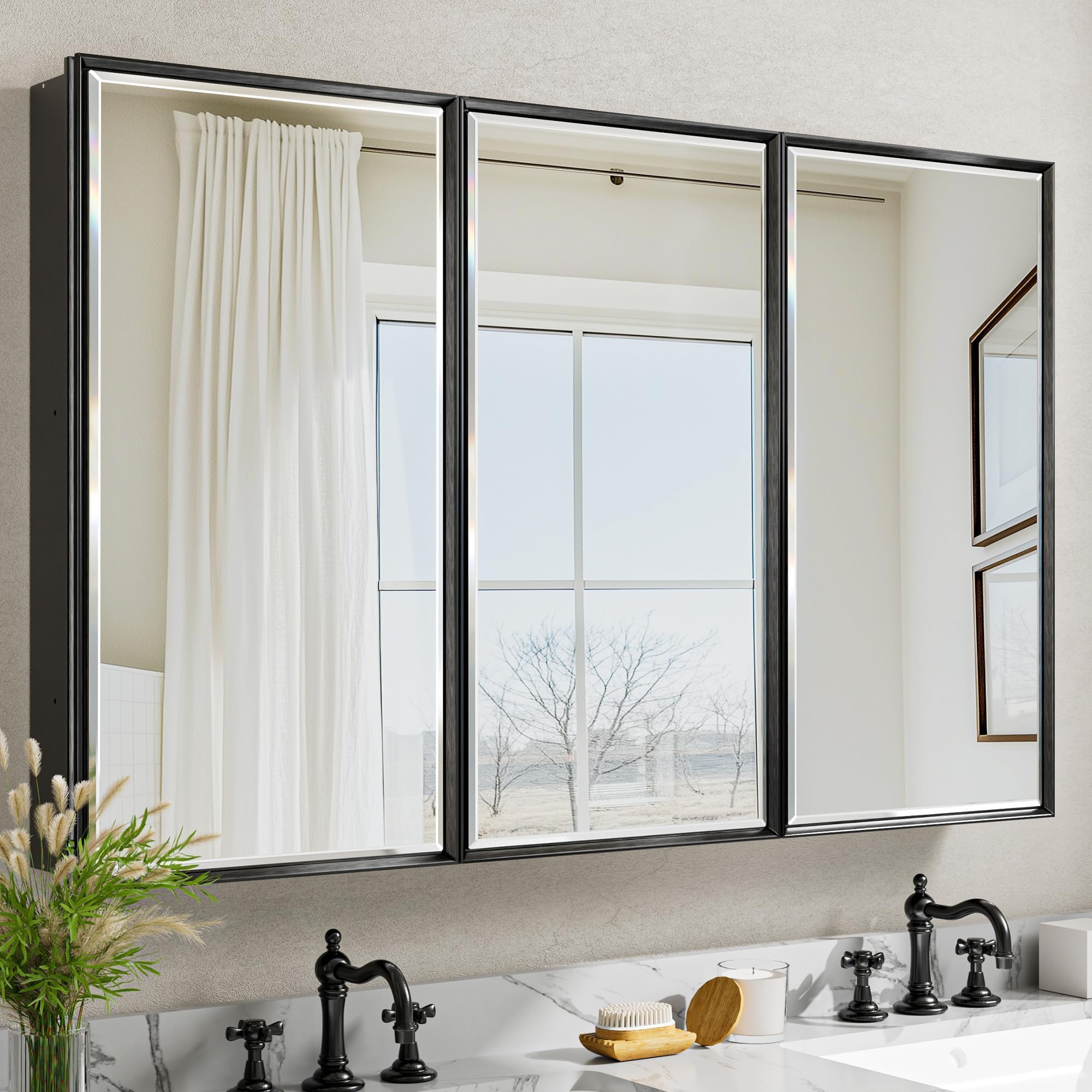 48x30 Black Medicine Cabinet with Mirror Pre-Assembled, Surface or Recessed Medicine Cabinet for Bathroom, Aluminum Beveled Frame Bathroom Vanity Mirror with Adjustable Shelves Storage