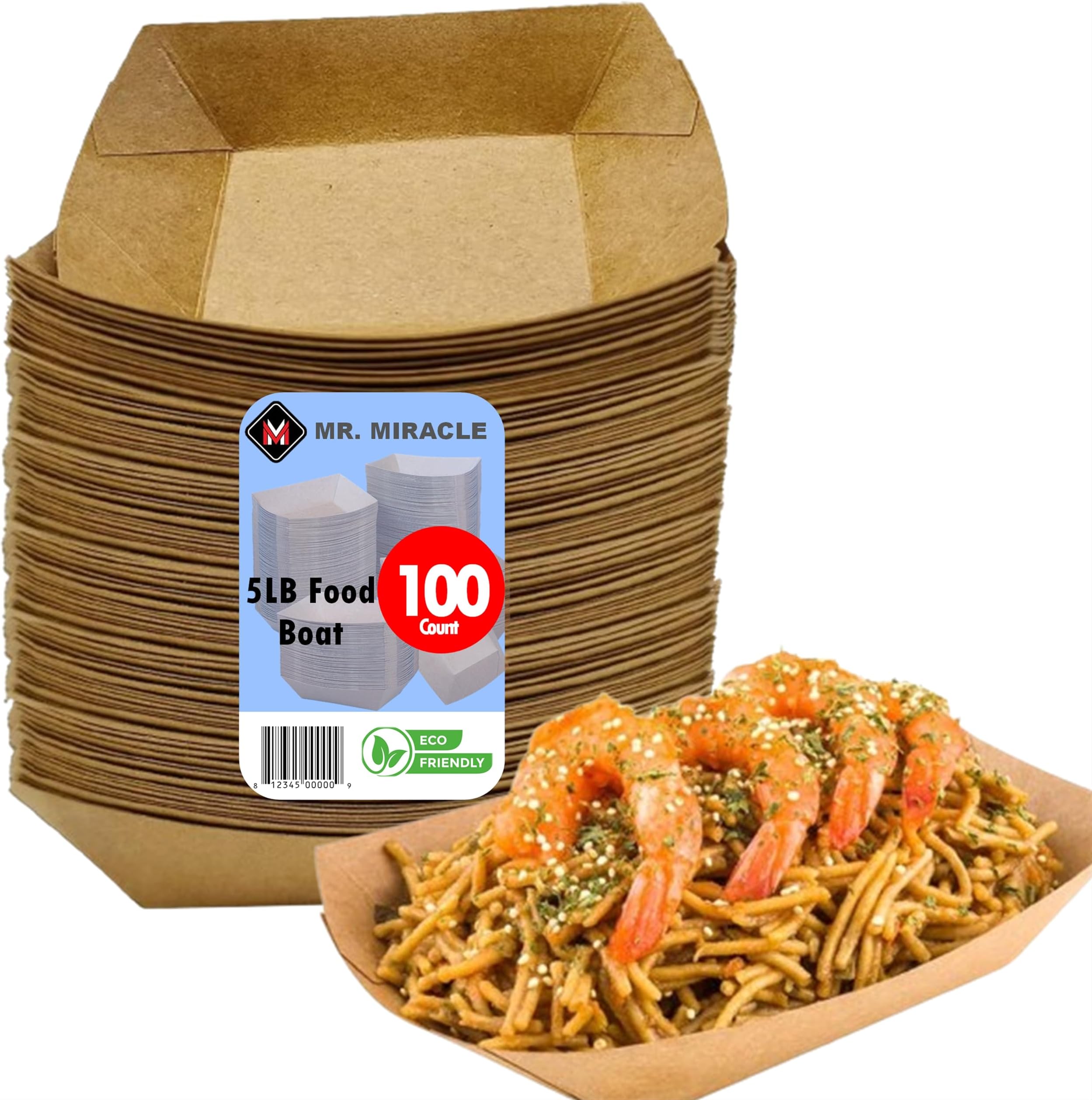 Mr Miracle Paper Food Trays, Kraft Paper. Extra Large (5LB). 100 Pack, Disposable, Recyclable Serving Boats.For Condiments, Snacks & Concession Food, Grease Ressistant