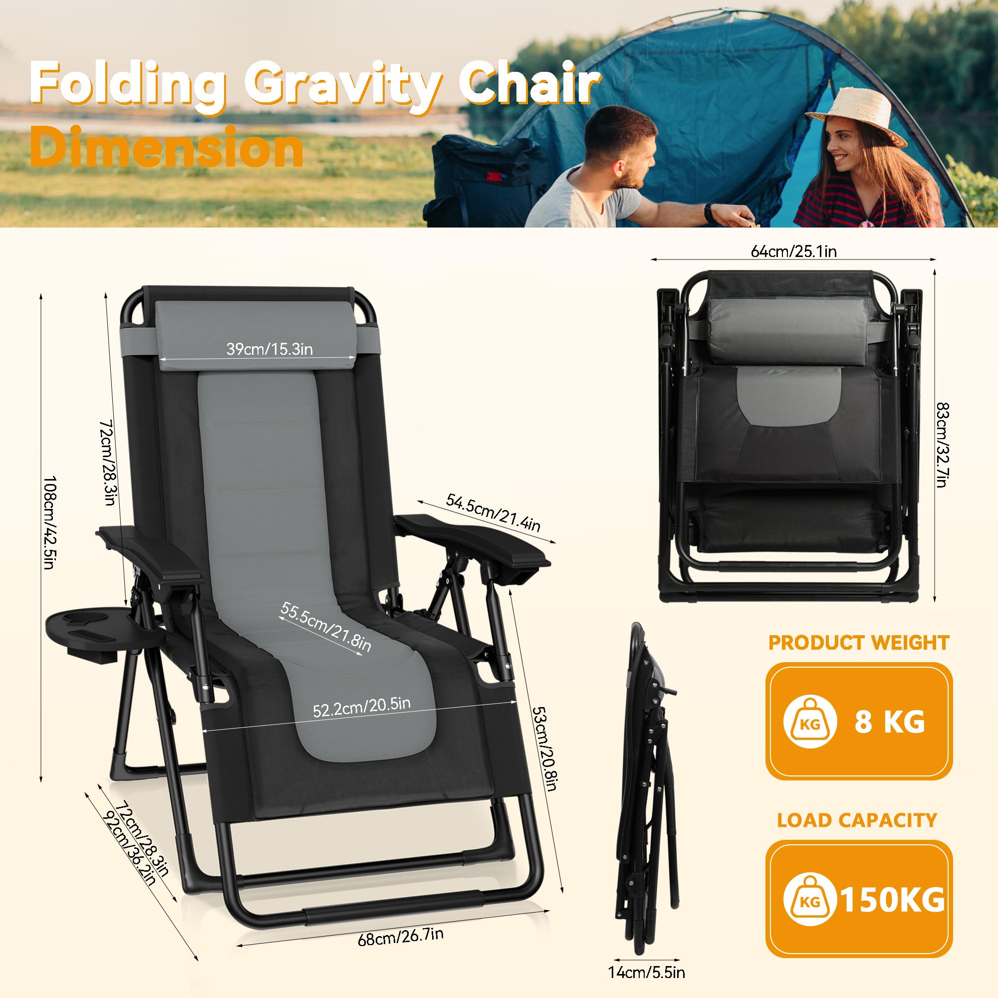 Sdraio da Giardino, Sedia Pieghevole Gravità Zero da Esterno con Portabicchieri e Poggiatesta Regolabile, Sdraio Lettino Prendisole, Poltrona Relax Reclinabile per Terrazzo Patio Balcone,grigio