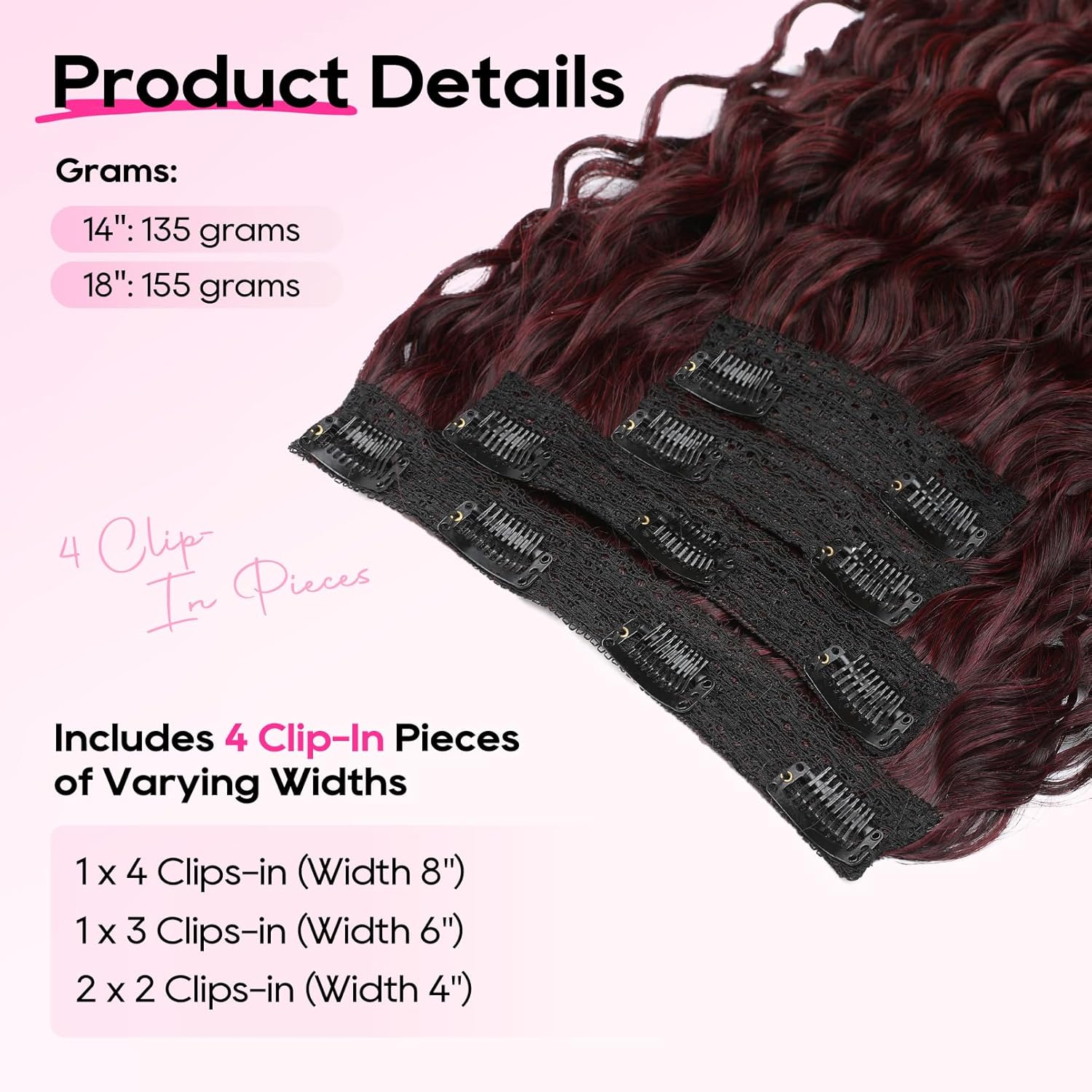 REECHO Curly Hair Extensions - 4PCS 18" GoGo Curly Clip in Hair Extensions 100% Super Protein Hairpieces with Invisible Lace Weft Silky Soft Natural Look for Women - Wirn Red - Image 5