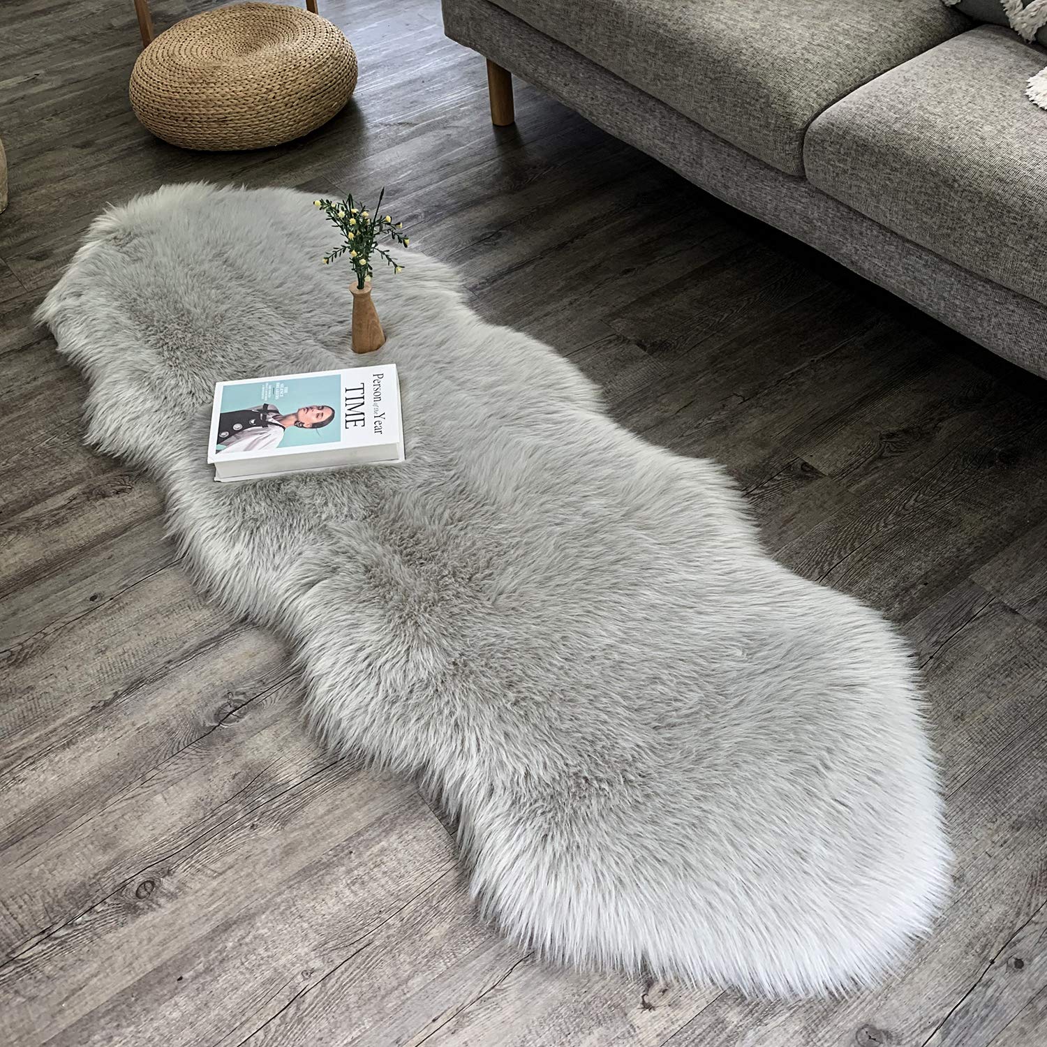 Dikoaina Classic Soft Faux Sheepskin Fur Rug White Fluffy Area Rug Shag Rug Carpets for Bedroom Living Room (2ft x 6ft (Double Shape), Grey)