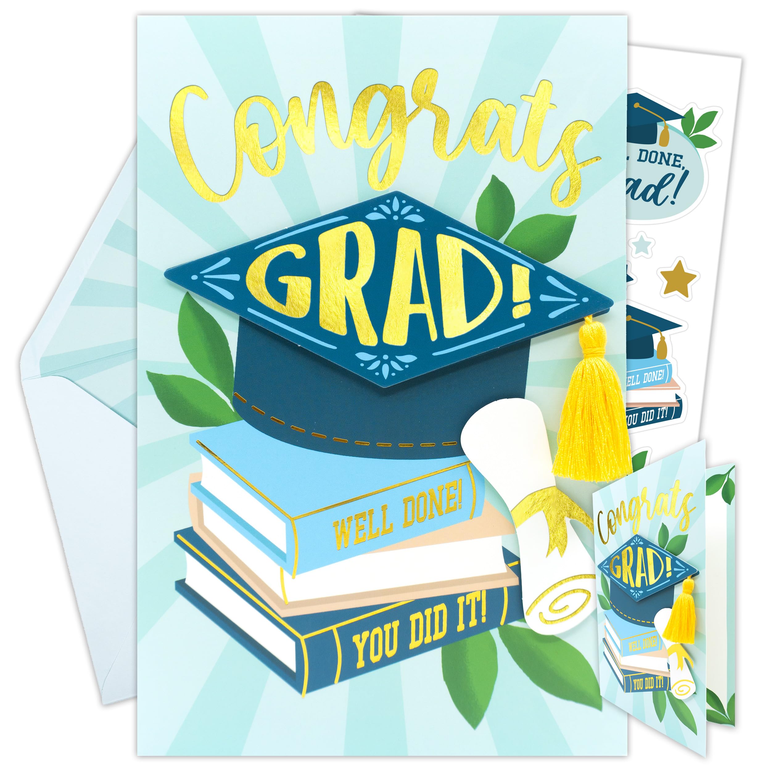 Decorably Gold Foil 5x8in Individual College Graduation Card for Her or Him with Grad Hat Top, Diploma Cutouts & Tassel with Envelope and Stickers for