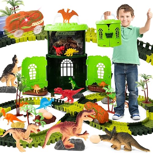 Juguetes de dinosaurio para niños de 3 a 5 años, juego de juguetes de dinosaurios con caja de almacenamiento, juego de 183 piezas de pista de autos