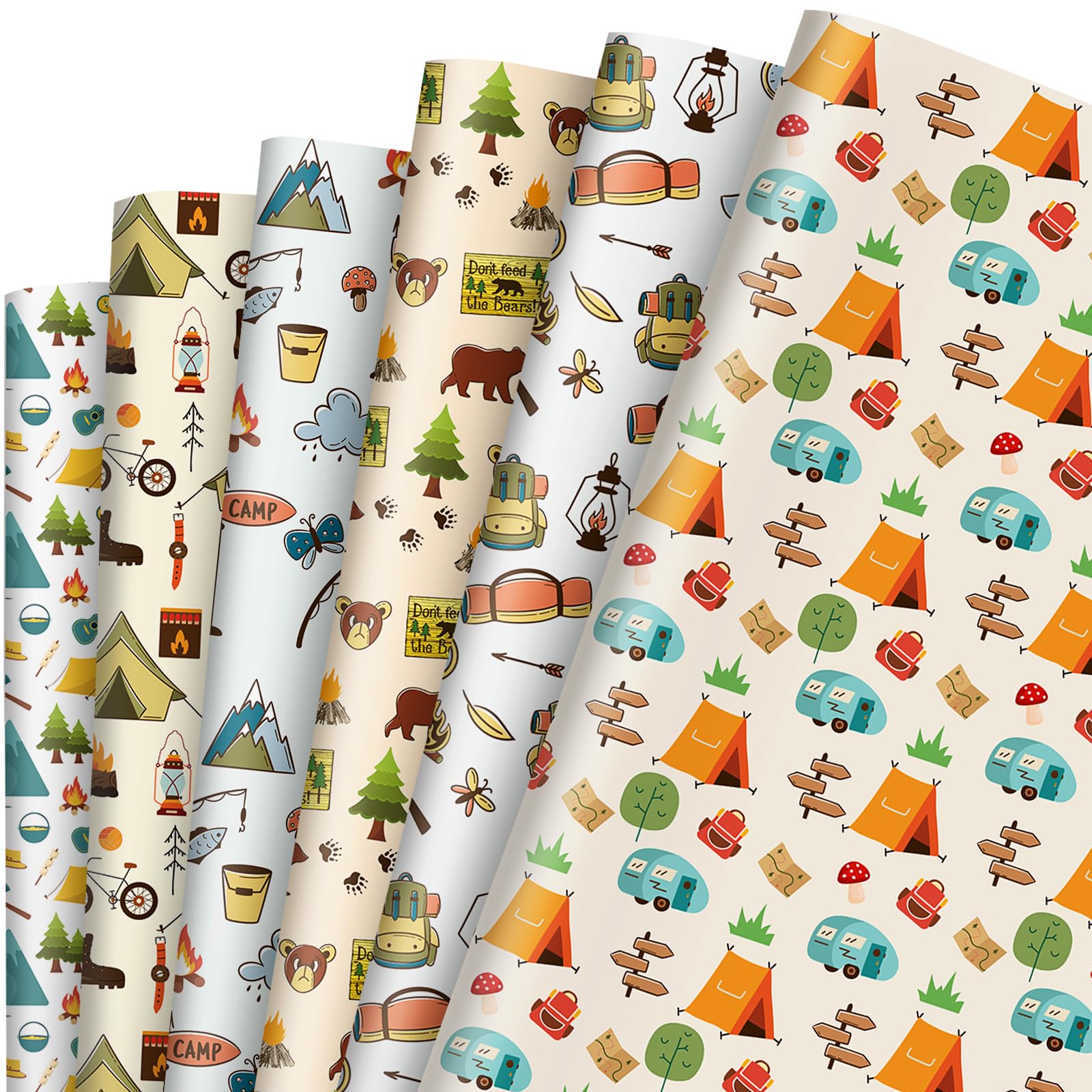 Whaline 12 Sheet Camping Wrapping Paper Tent Bear Tree Mountain Gift Wrap Paper Folded Flat DIY Craft Art Paper for Camp Theme Party Decor Wrapping