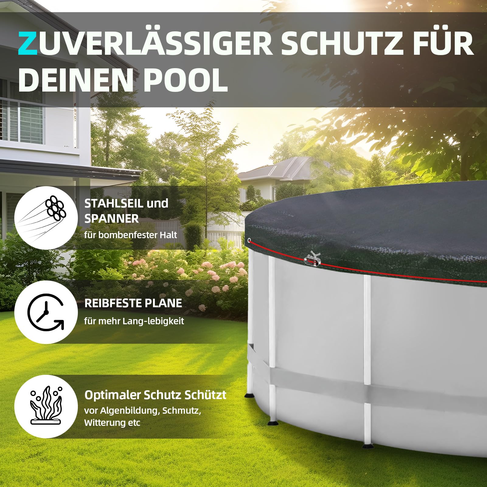 Poolabdeckung Rund für 400-440 cm Pools, Planenmaß Ø 460 cm, Schwarz, Sommer & Winter Poolplane, 100g/m² PE Zweifach Beschichtete Abdeckung mit Kordelzug, Abdeckplane Pool mit UV-Schutz