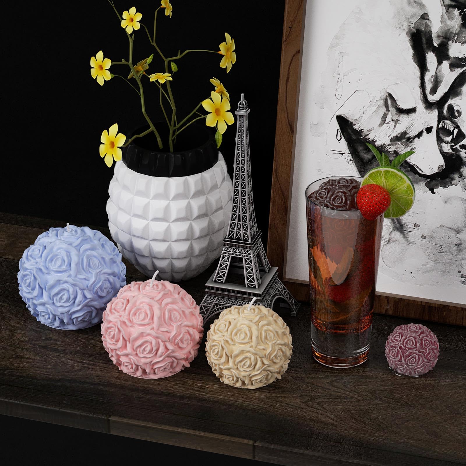 Grande stampo in silicone per fiori a forma di palla di rosa, stampo per cera profumata, realizzato a mano, in resina, sapone