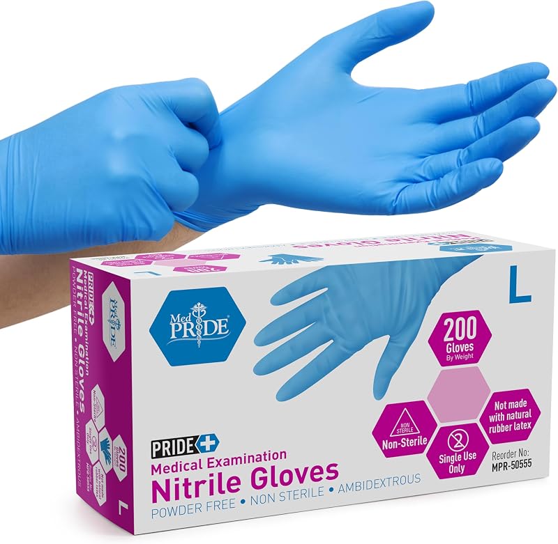 Medpride Medical Examination Nitrile Gloves, Large, Blue, Latex/Powder-Free, Non-Sterile, 200 Count