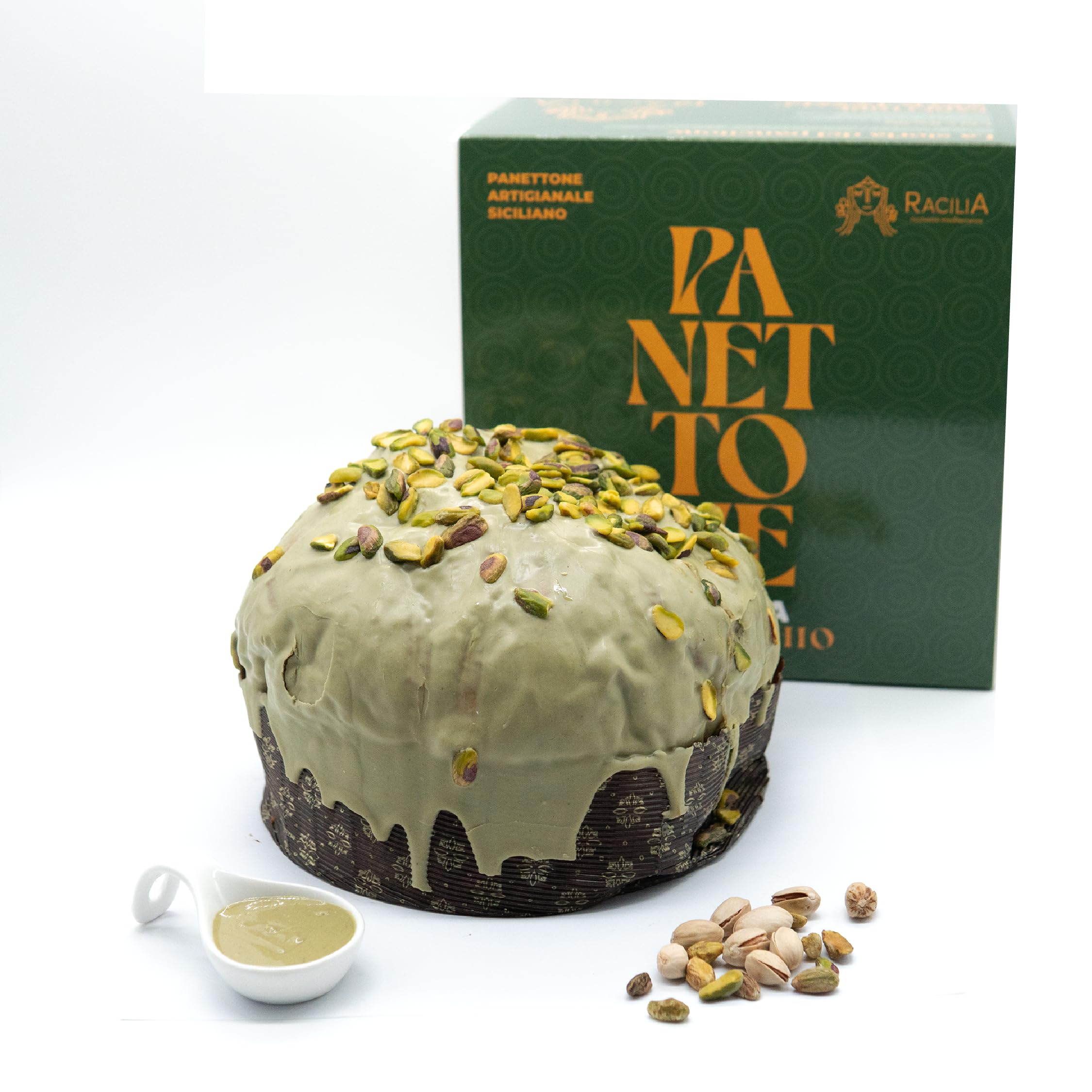RACILIA Panettone Artisanal à la Pistache avec garniture EXTRA 500g | Avec crème de pistache et glaçage croquant | Levage lent 36h avec levure mère et ingrédients naturels | 1,5kg