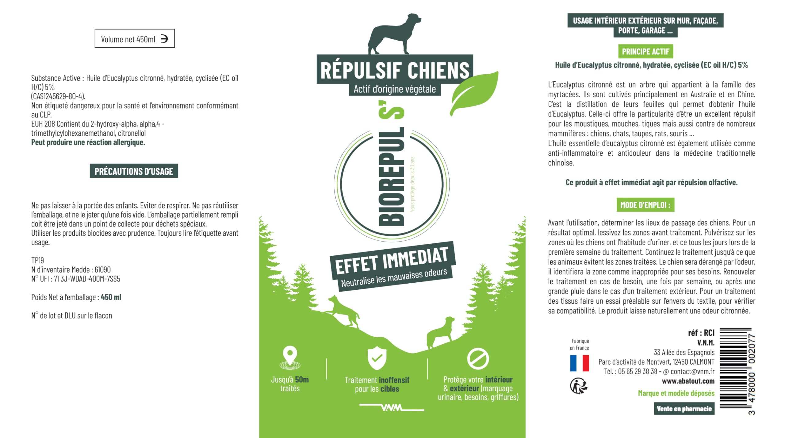 BIOREPUL S' - Spray Répulsif pour Chien - Anti marquage urinaire - Parfum citronné d'eucalyptus - 450ml