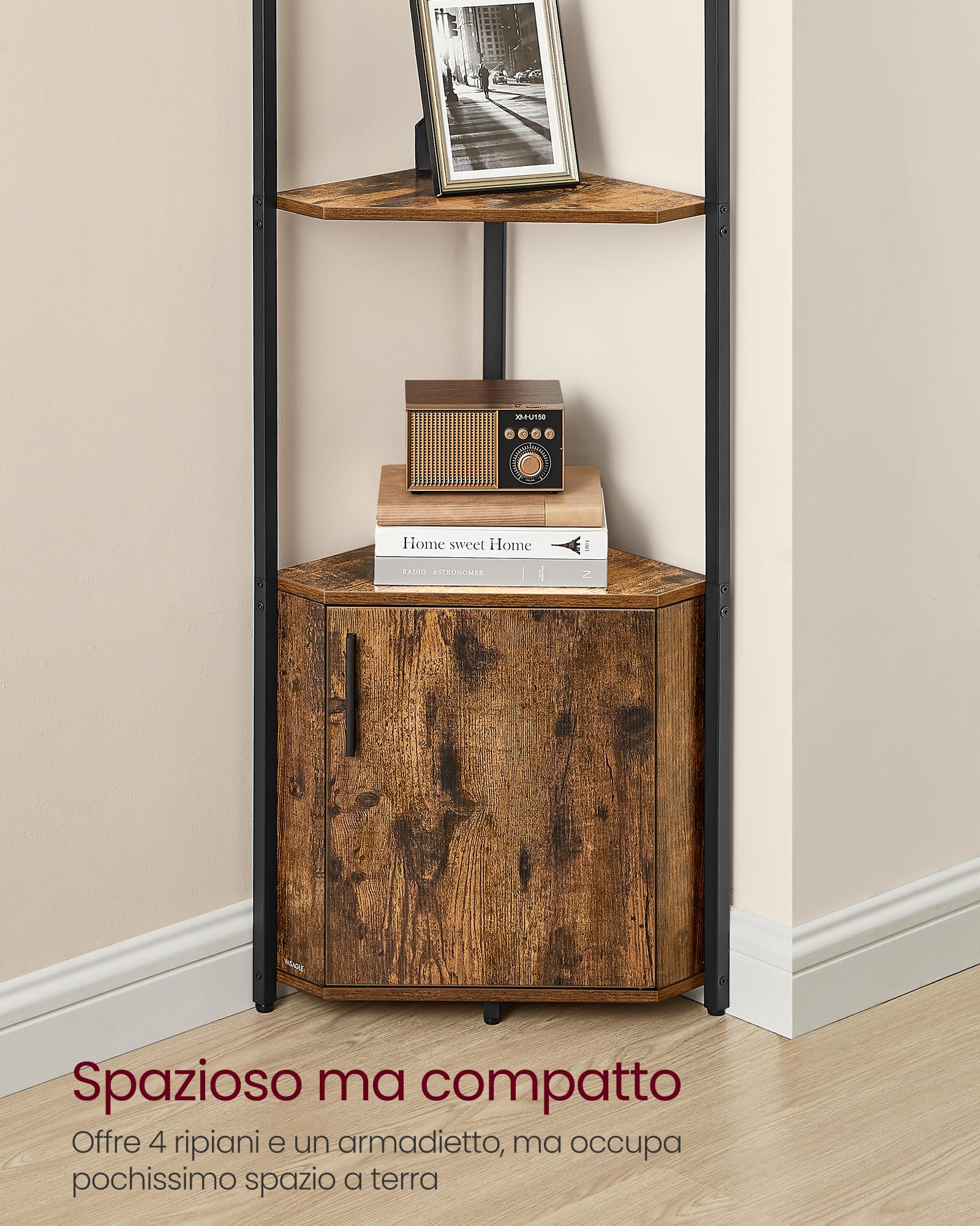 VASAGLE Scaffale Angolare con Contenitore, Libreria Angolare con 5 Ripiani, Mensola Angolare, per Soggiorno, Camera da Letto, Cucina, Bagno, Marrone Vintage e Nero Inchiostro LBC580K01