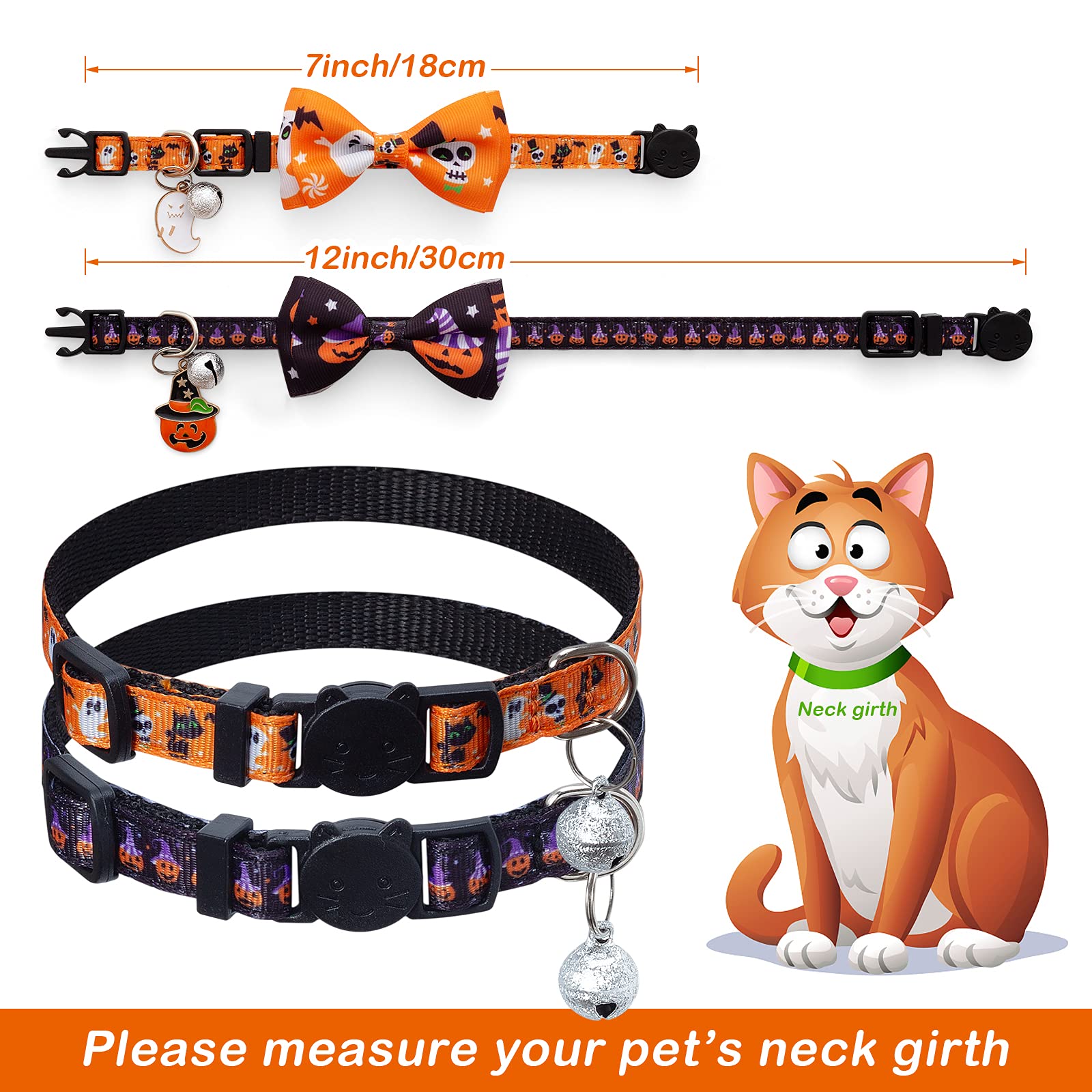 LLHK Halloween-Katzenhalsband mit Fliege und Glöckchen, Breakaway-Kätzchen-Halsband für Mädchen, Jungen, Katzen, verstellbar, 17,8–30,5 cm, für Kätzchen, ausgewachsene Katzen, Haustierbedarf, 4 Stück